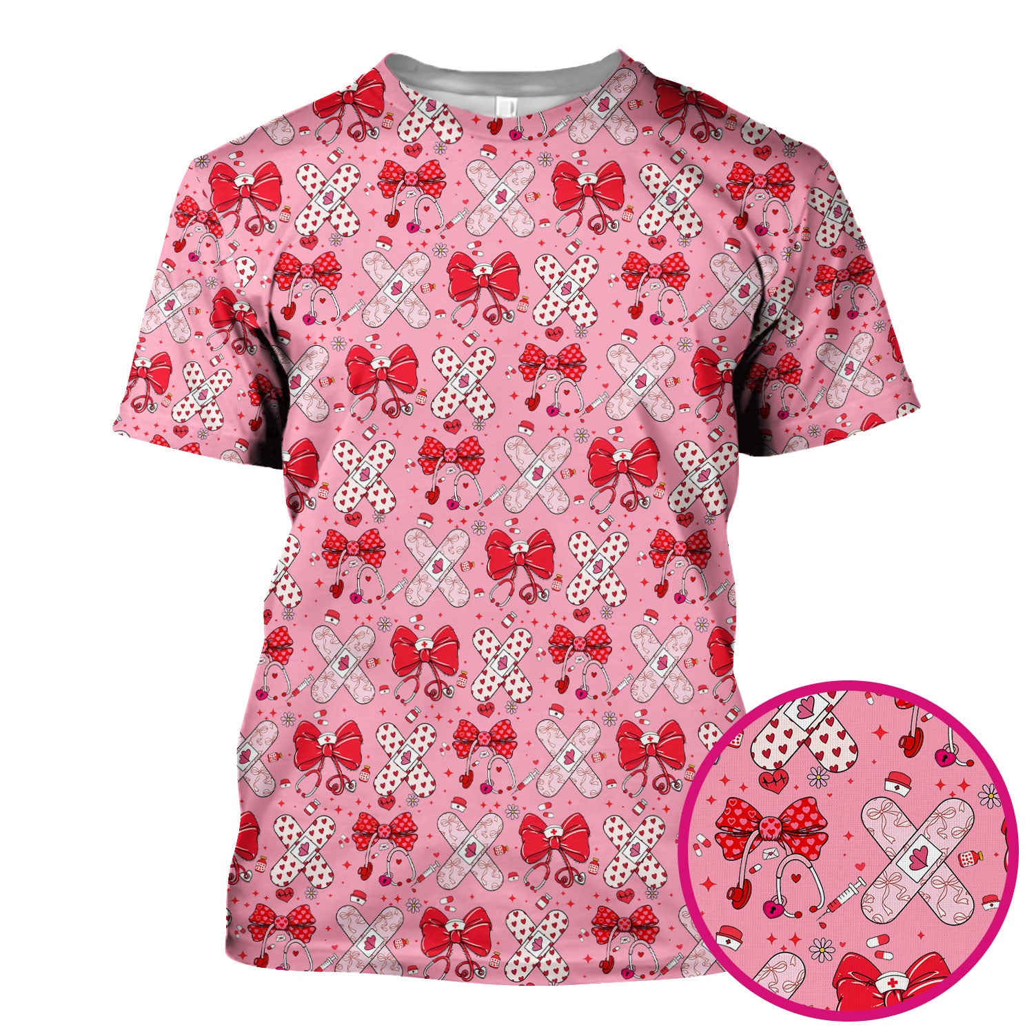 Valentine Nurse Scrub Top, Red Bow And Heart Bandage Pattern Medical Shirt, Breathable Fabrics Nursing Uniform