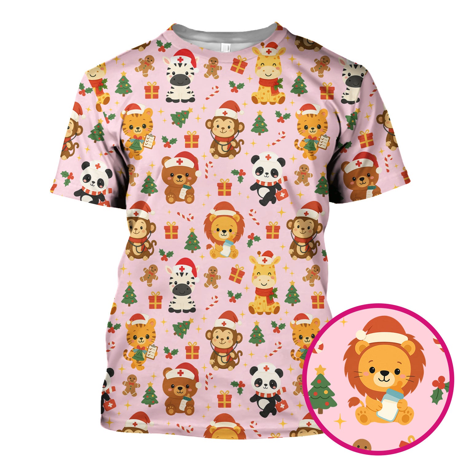 Cute Animal Christmas Nurse Scrub Top - Funny Holiday Safari Pattern Shirt for Women - Festive Nursing Gift for RN LPN CNA