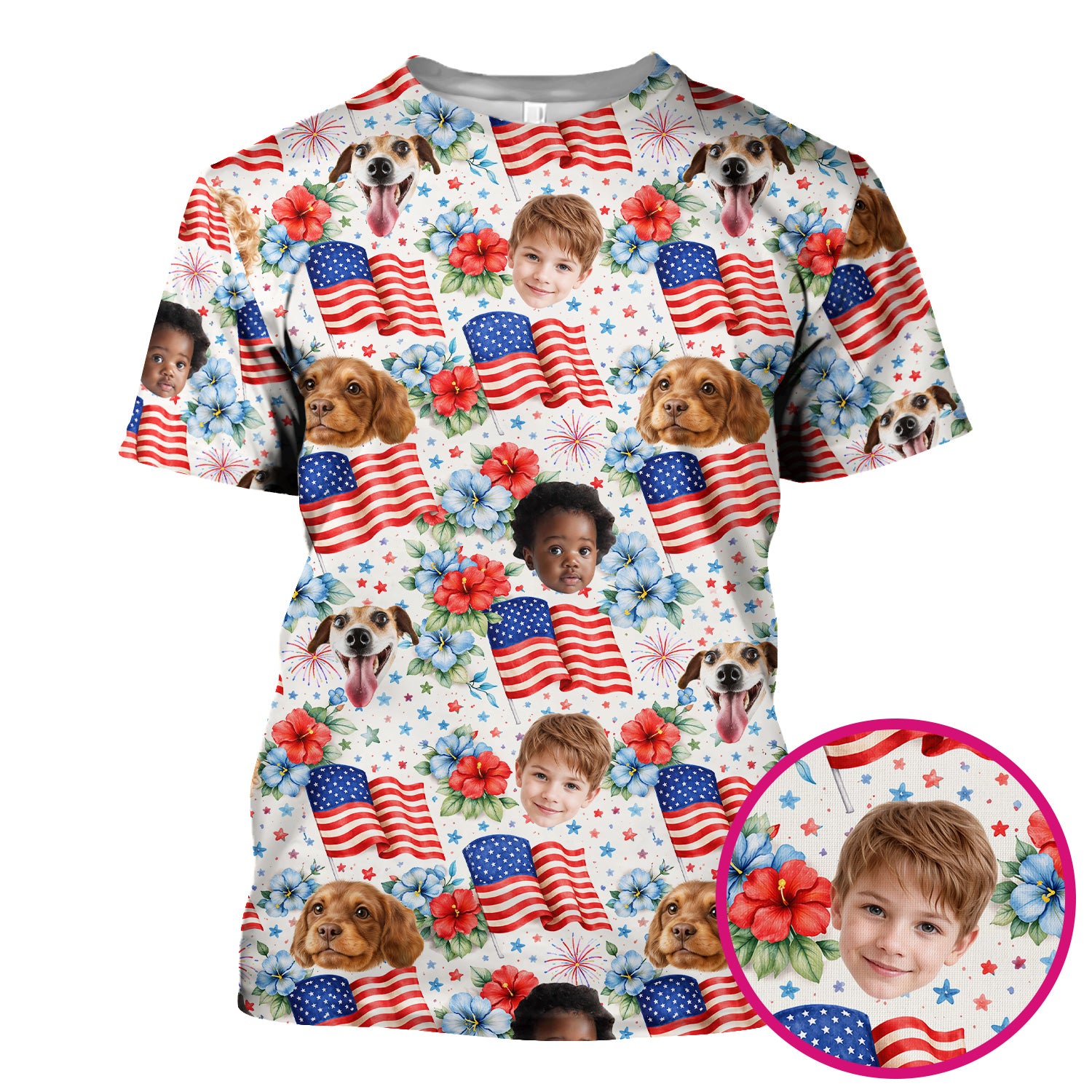Custom Photo Patriotic Kids & Pet Faces Flag Nurse Scrub Top, Breathable Fabrics Nursing Uniform