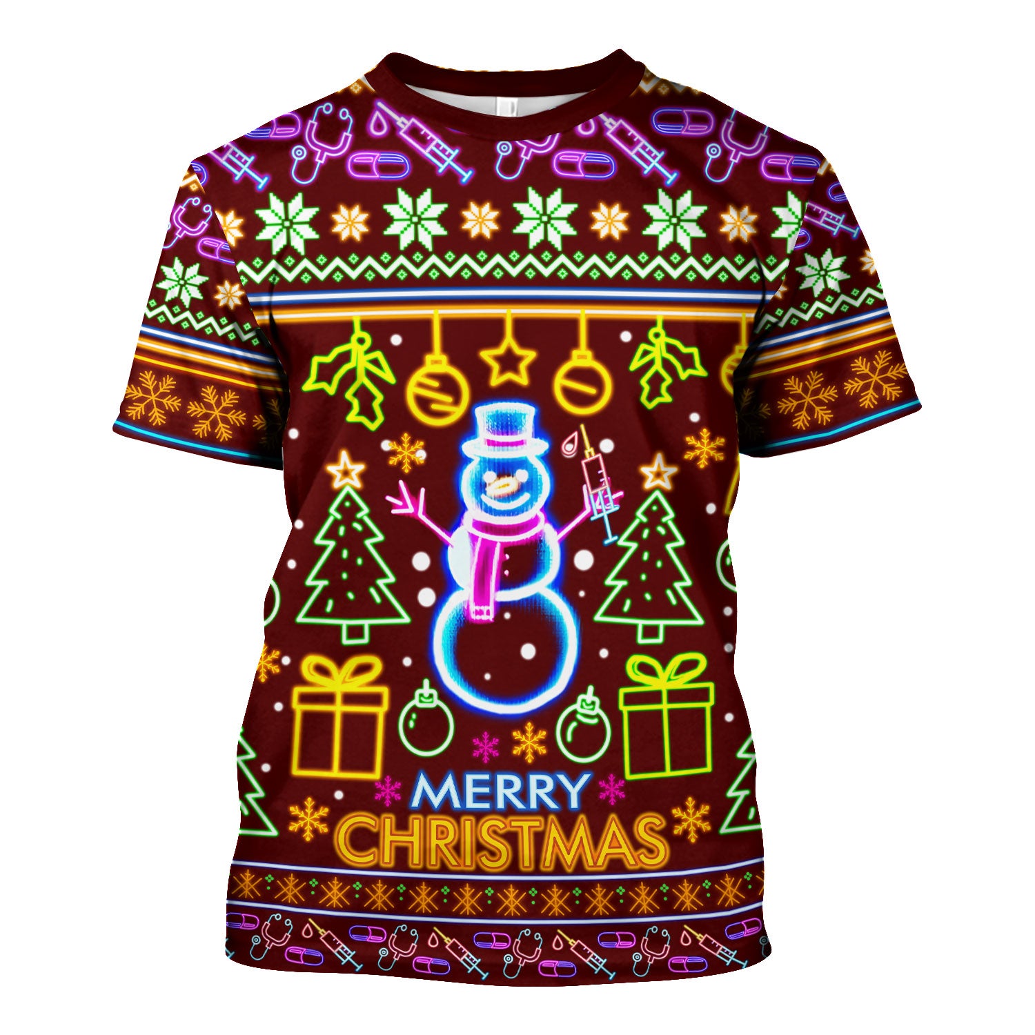 Neon Snowman Christmas Scrub Top for Nurses - Merry Christmas Holiday Lights Pattern - Funny Festive Medical Uniform for RN LPN CNA