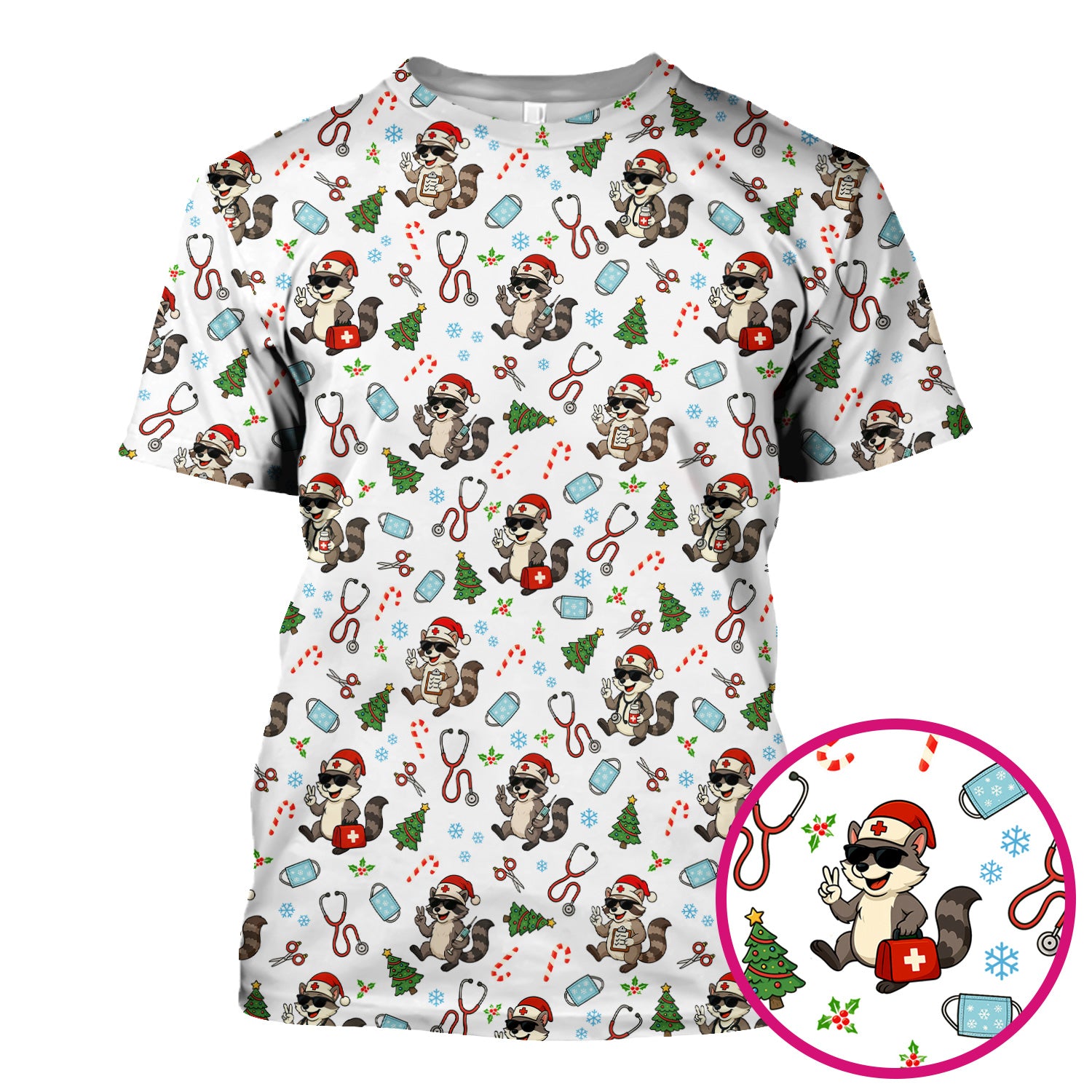 Cute Raccoon Christmas Scrub Top - Santa Hat and Stethoscope Pattern Nurse Scrubs - Funny Holiday Medical Shirt Gift for RN CNA LPN