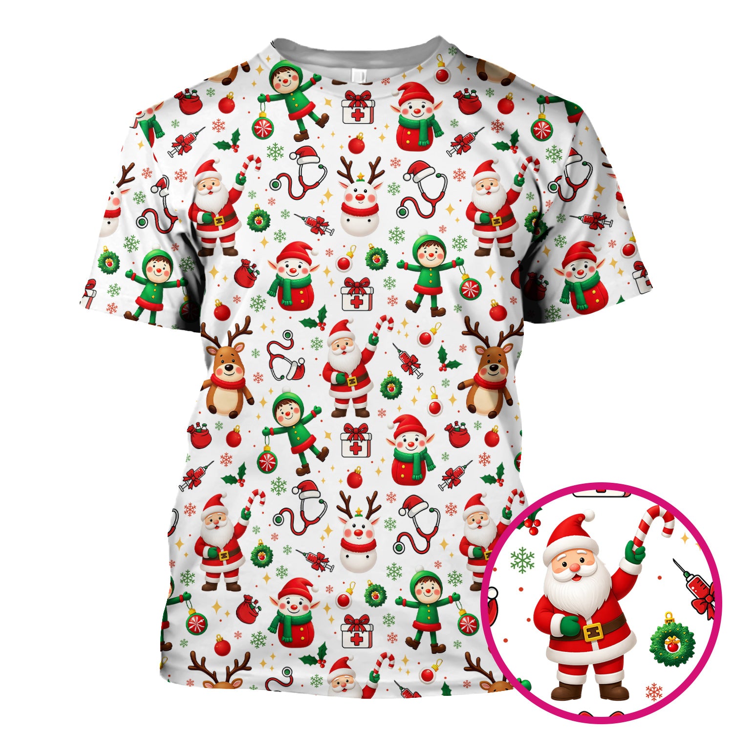 Santa Christmas Scrub Top - Cute Holiday Nurse Medical Shirt - Festive Reindeer Med Uniform for Women RN CNA LPN