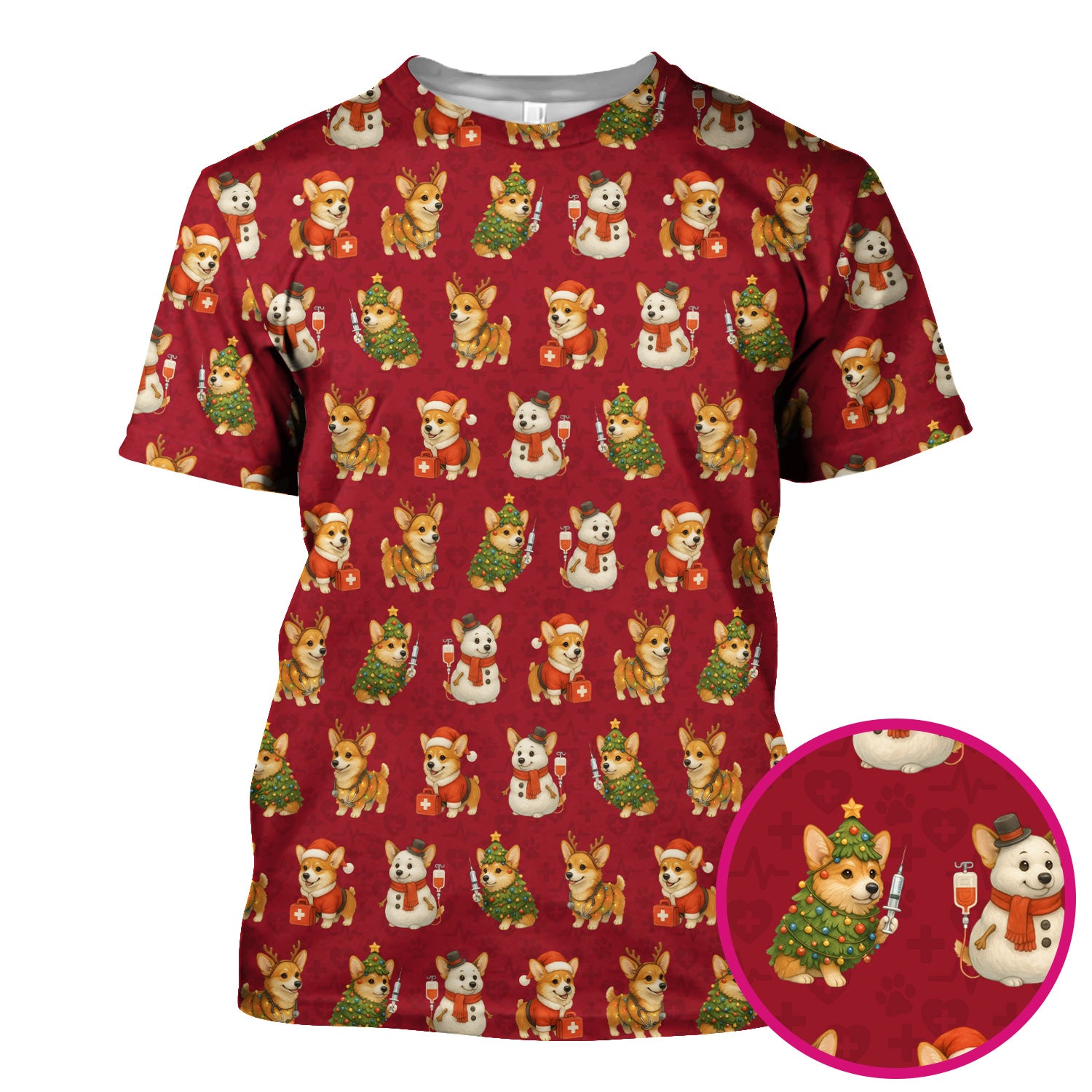 Cute Christmas Corgi Scrubs - Festive Pattern Scrub Top for Women - Cozy Holiday Nurse Scrubs Gift for Dog Lovers