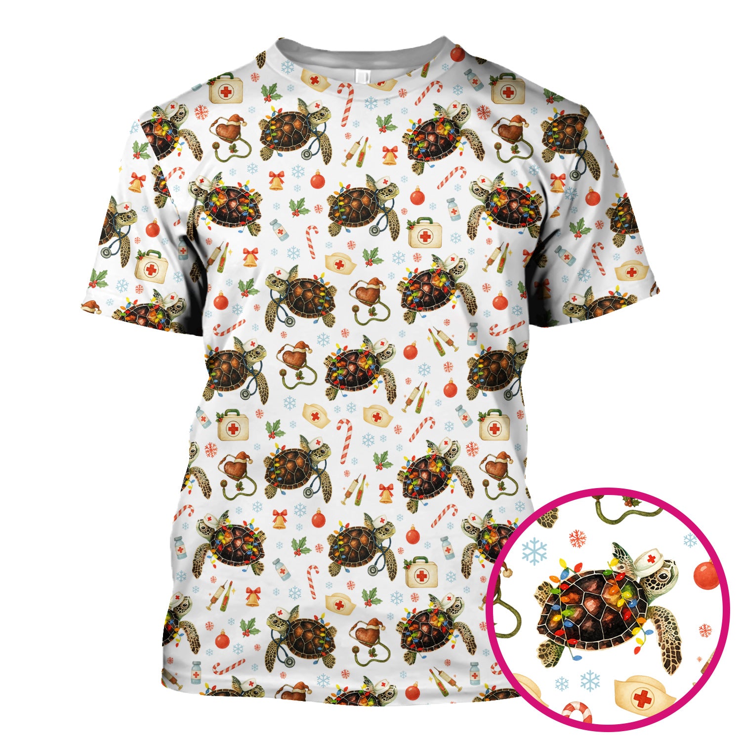 Funny Christmas Scrub Top - Sea Turtle with Xmas Lights Shirt - Holiday Nurse Scrubs for Women