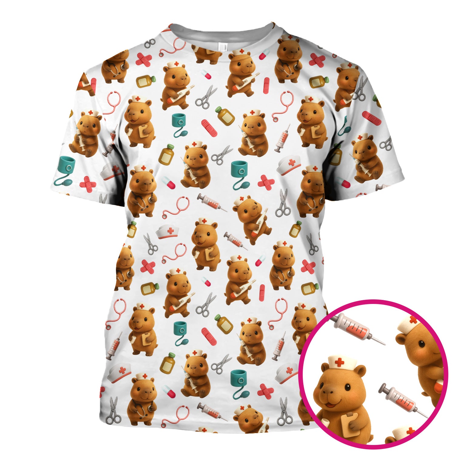 Funny Bear Scrub Top for Women - Nurse Hat and Syringe Pattern Medical Scrubs - Cute Teddy Nurse Shirt Gift for RN CNA LPN