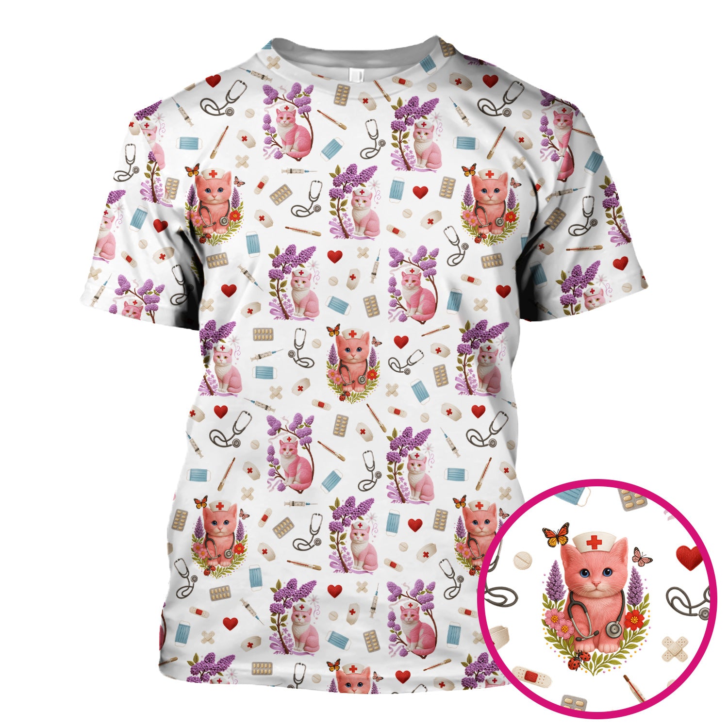 Pink Cat Print Medical Scrub Top - Cute Nurse Shirt for Women - Funny Pattern Gift for RN LPN CNA Healthcare Workers