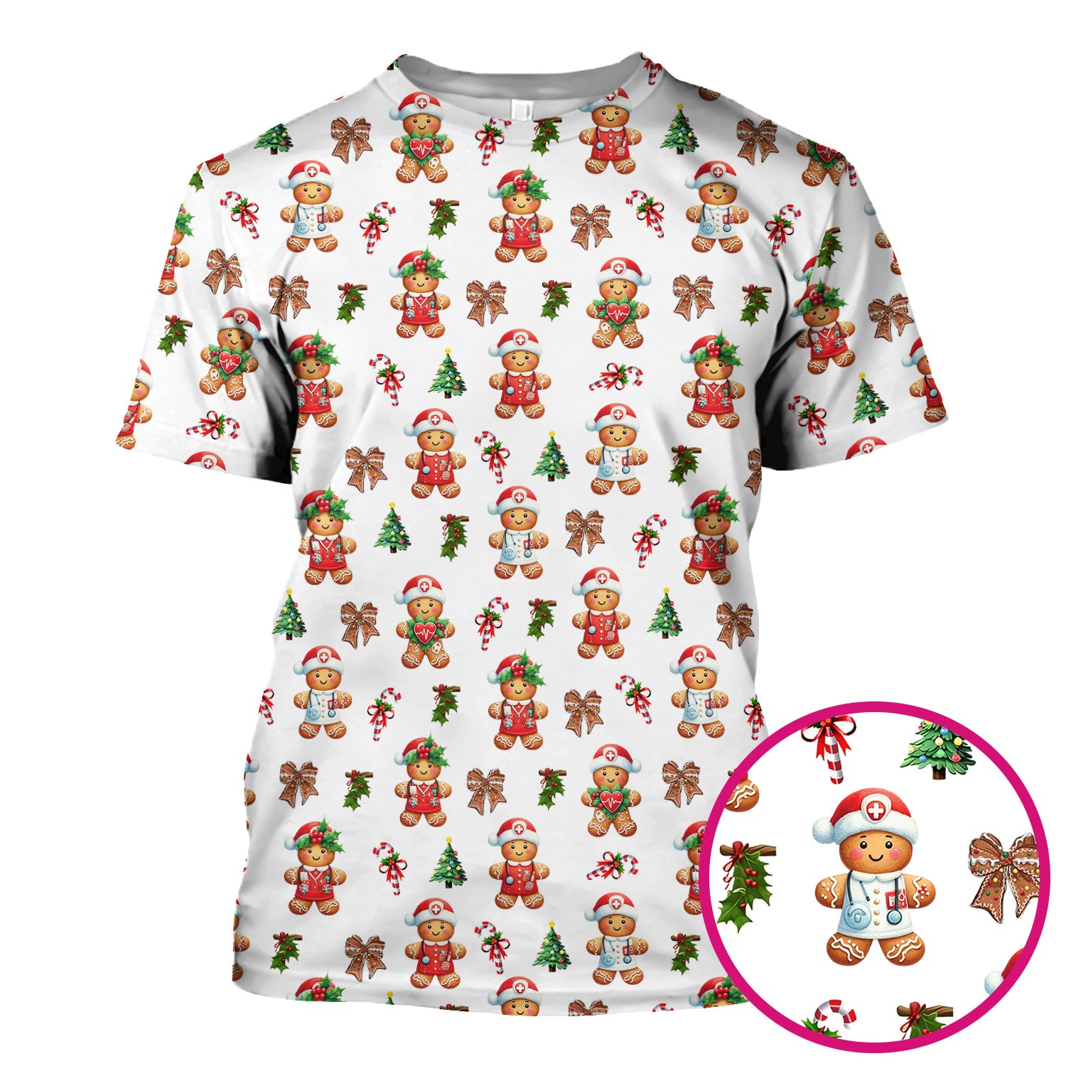 Funny Christmas Scrub Top for Nurse - Adorable Gingerbread Candy Cane Bow- Festive Medical Uniform for Women