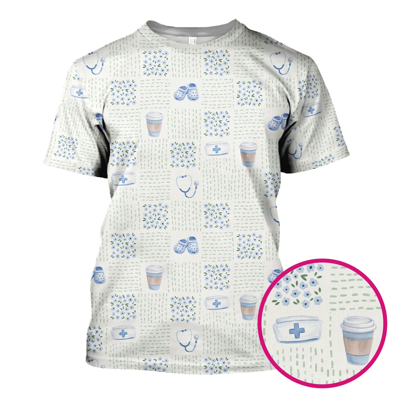 Cute Medical Essentials Pattern Scrub Top, Comfortable Scrubs for Nurses