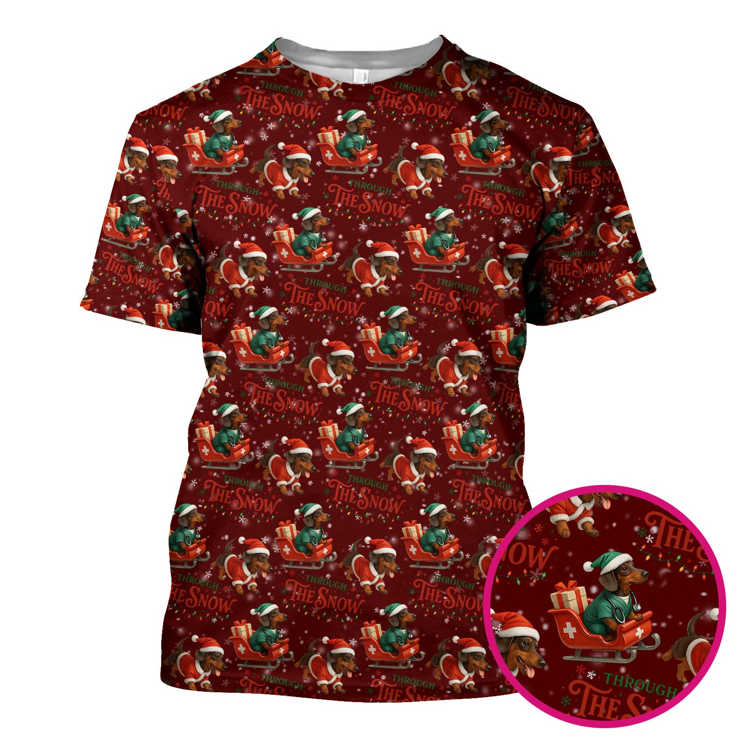 Dachshund Christmas Scrub Top, Cute Dog Nurse Scrub Shirt, Through The Snow Pattern Nursing Uniform