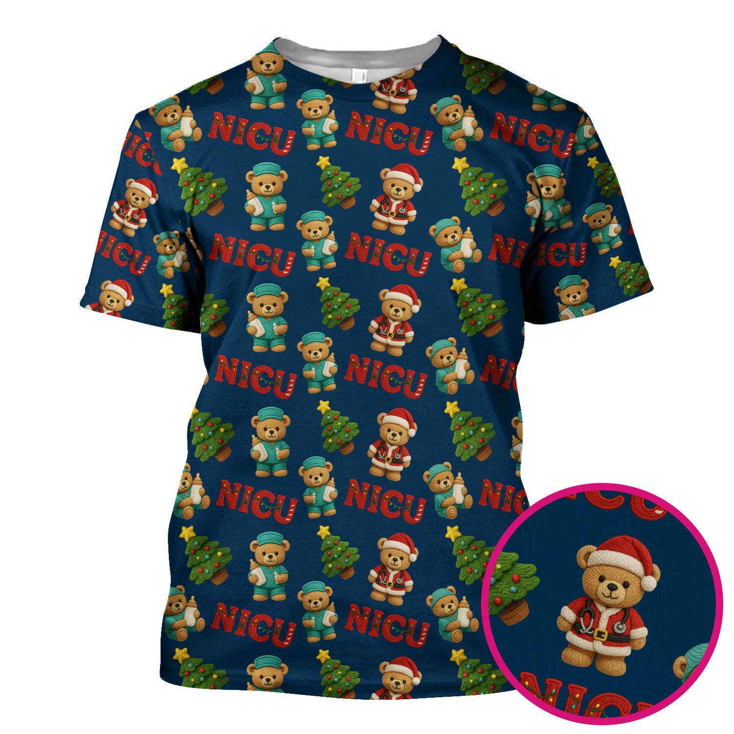 Festive Christmas NICU Nurse Teddy Bear Pattern, Breathable Fabrics Nursing Uniform