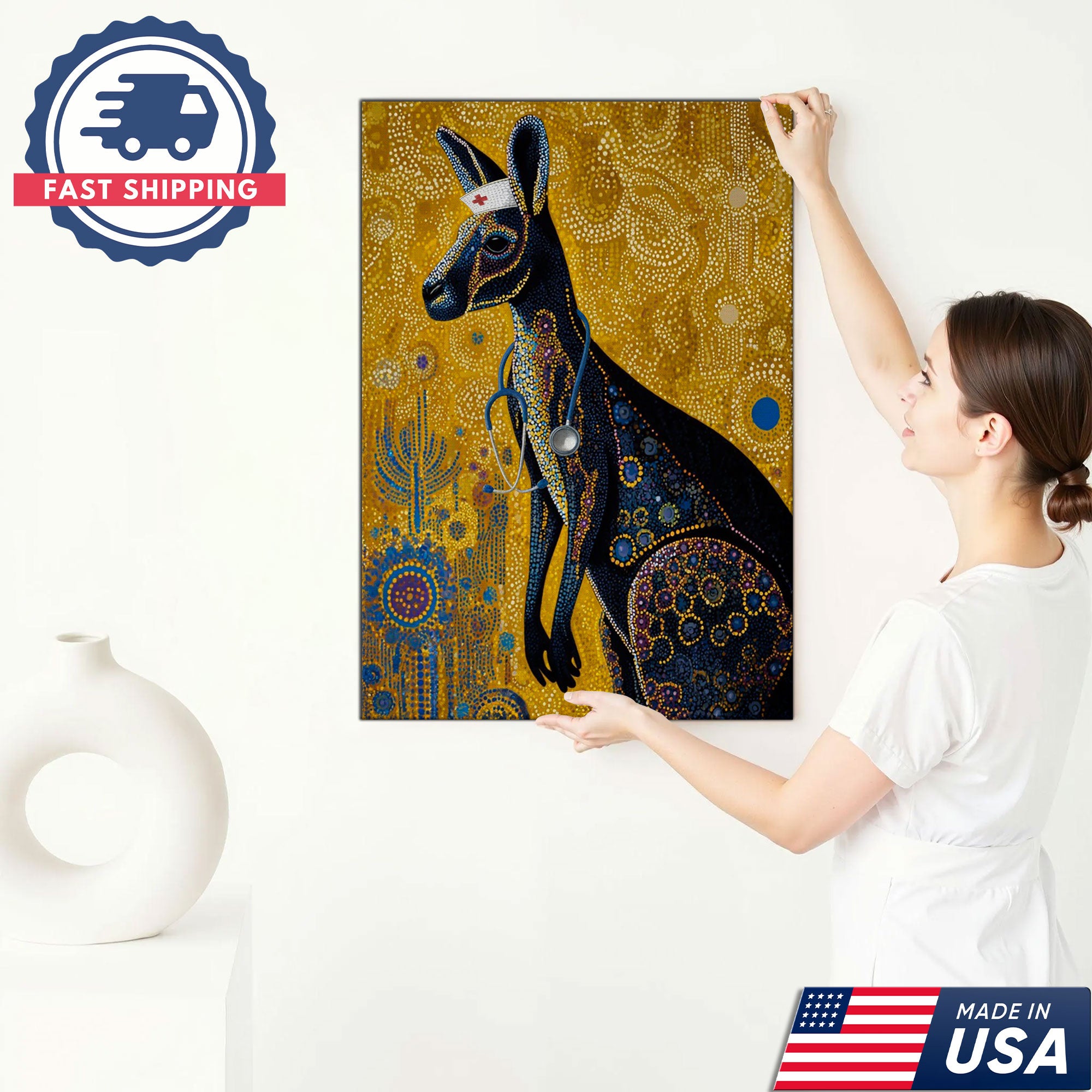 Aboriginal Style Kangaroo Canvas, Kangaroo Nurse Dot Art Poster, Australian Wildlife Decor For Nursing