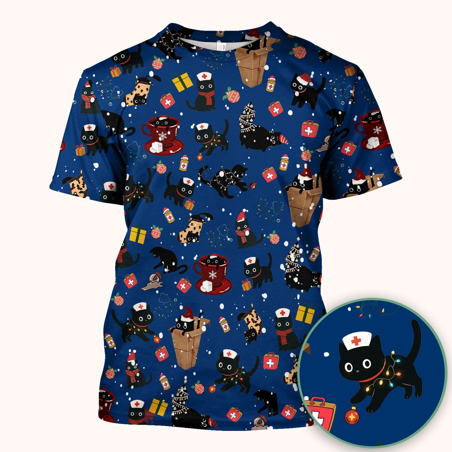 Funny Cat Scrub for Women - Christmas Black Cats Comfortable Scrubs for Nurses - Breathable Fabrics Nursing Uniform