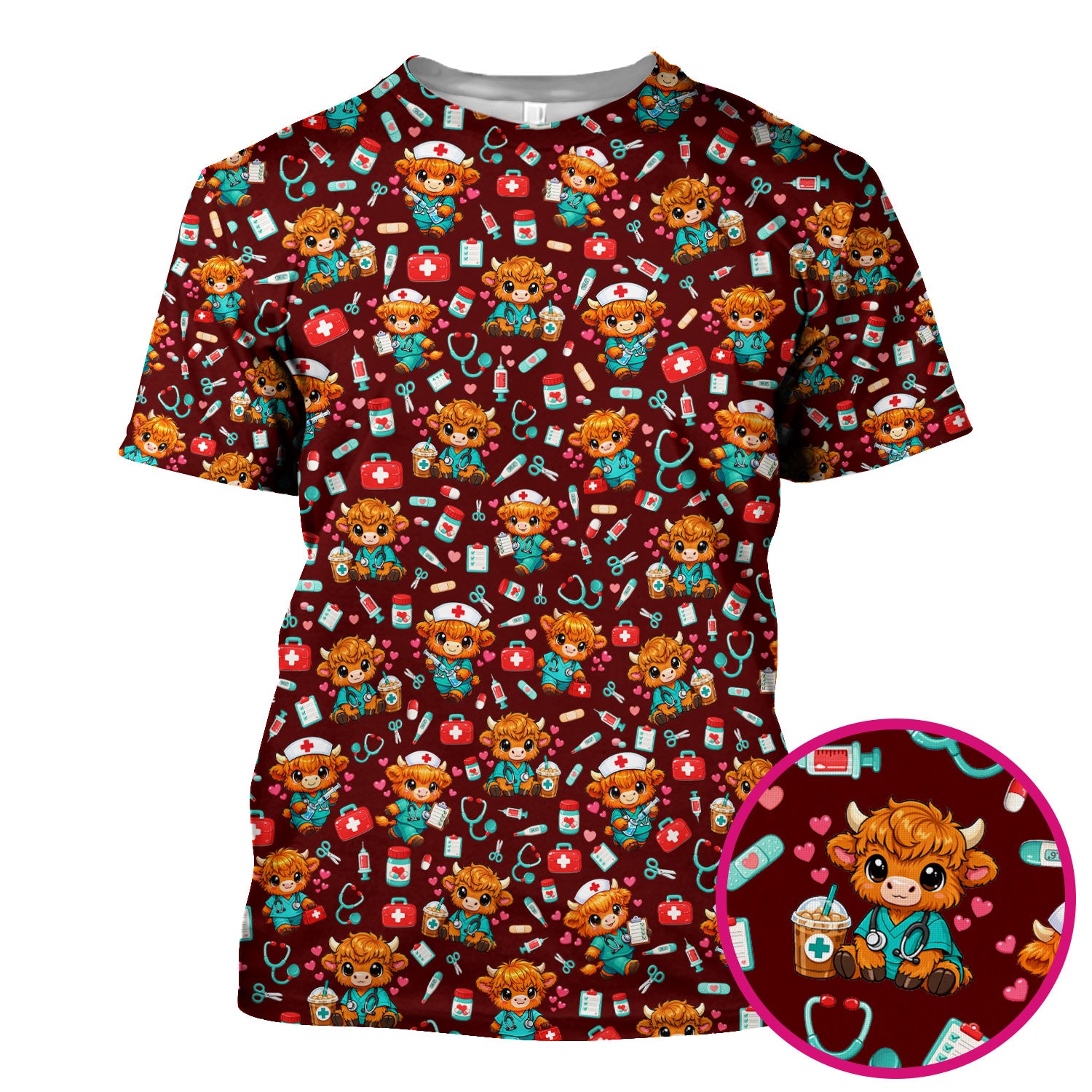 Cute Highland Cow Nurse Scrub Top, Kawaii Medical Pattern Shirt, Breathable Fabrics Nursing Uniform