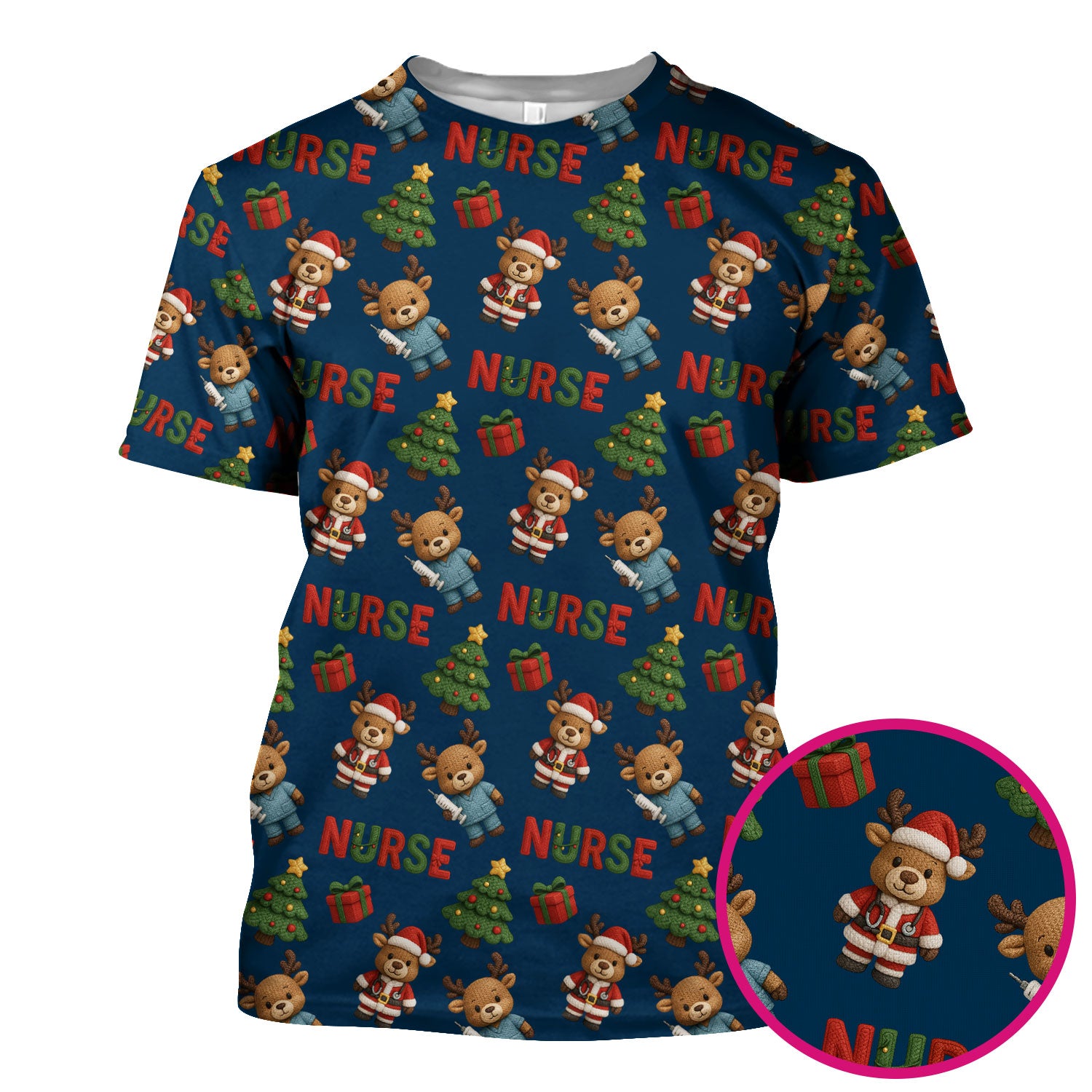 Reindeer Christmas Scrub Top, Cute Holiday Nurse Scrub Shirt, Festive Pattern Nursing Uniform