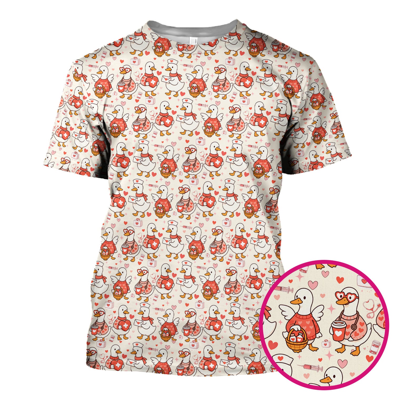 Valentine Goose Nurse Scrub Top, Heart Medical Pattern Nurse Shirt, Breathable Fabrics Nursing Uniform