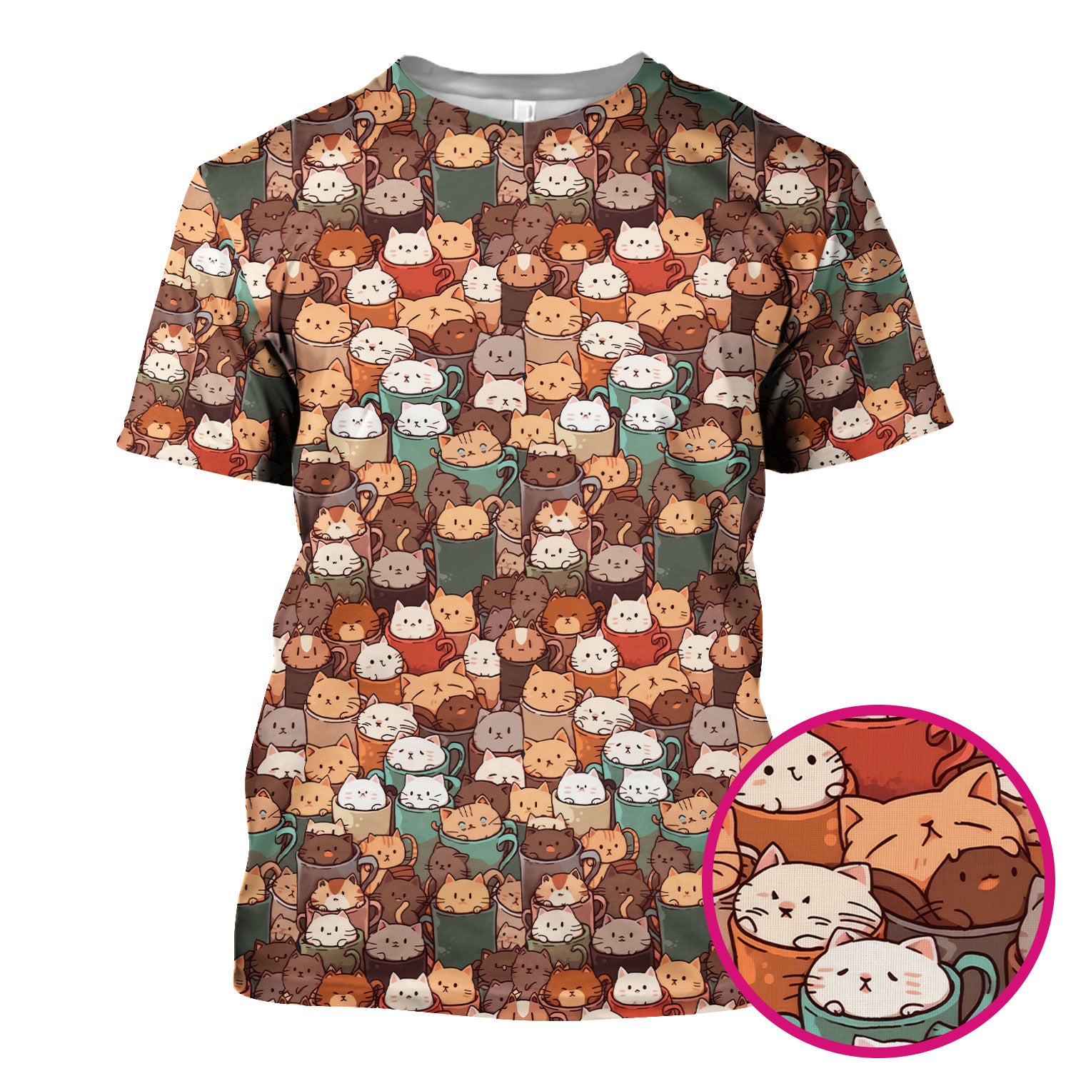 Cute Coffee Cat Scrub Top, Cozy Kittens in Mug Pattern Nurse Shirt, Breathable Fabrics Nursing Uniform