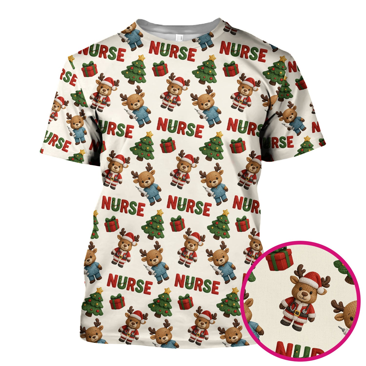 Reindeer Christmas Scrub Top, Cute Holiday Nurse Scrub Shirt, Festive Pattern Nursing Uniform