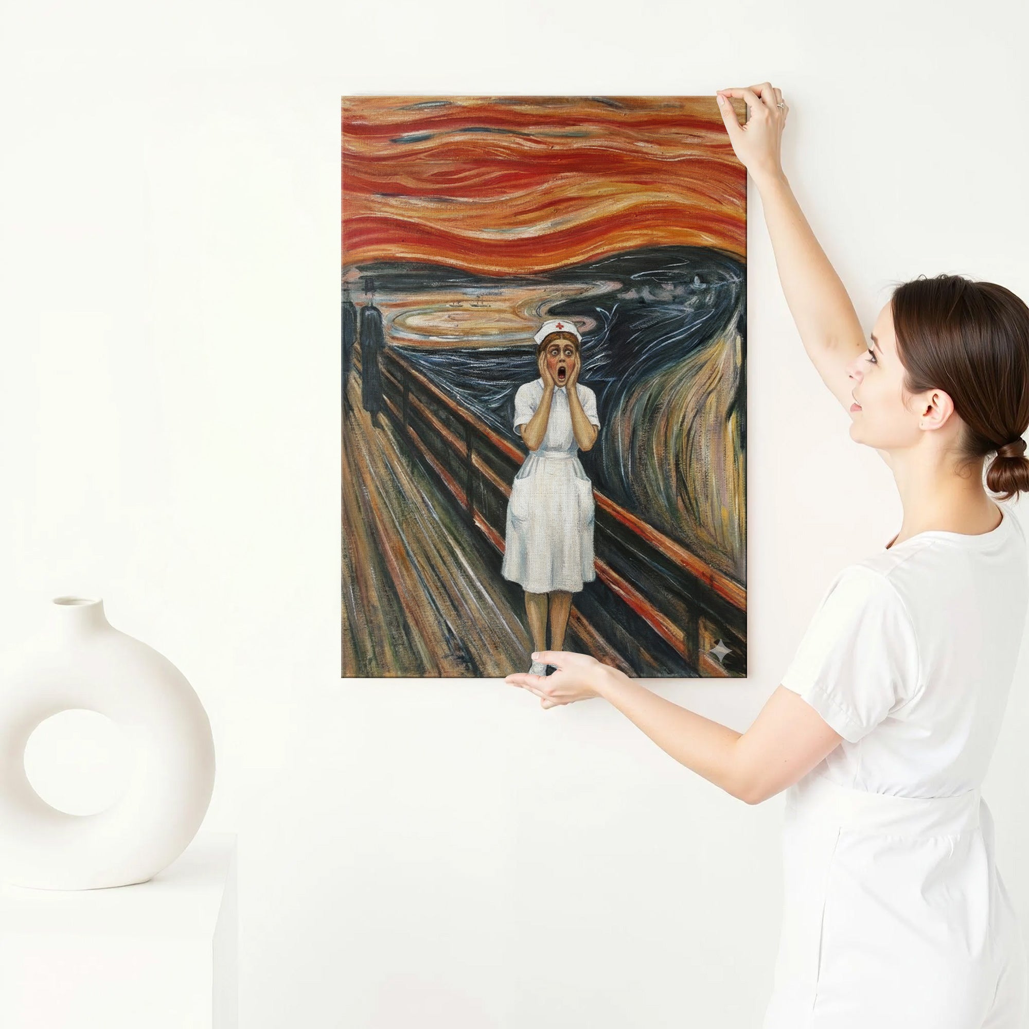 Funny Stressed Nurse Wall Art, The Scream by Munch Parody Expressionism Canvas, RN LPN CNA Gift