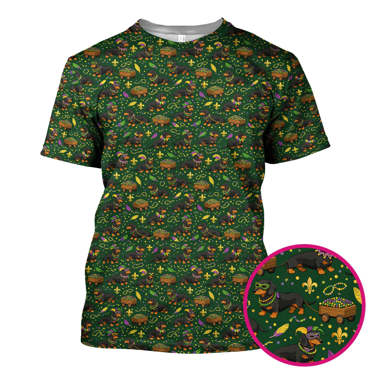 Funny Mardi Gras Dachshund Scrub Top, Festival Wiener Dog Pattern Nurse Shirt, Breathable Fabrics Nursing Uniform