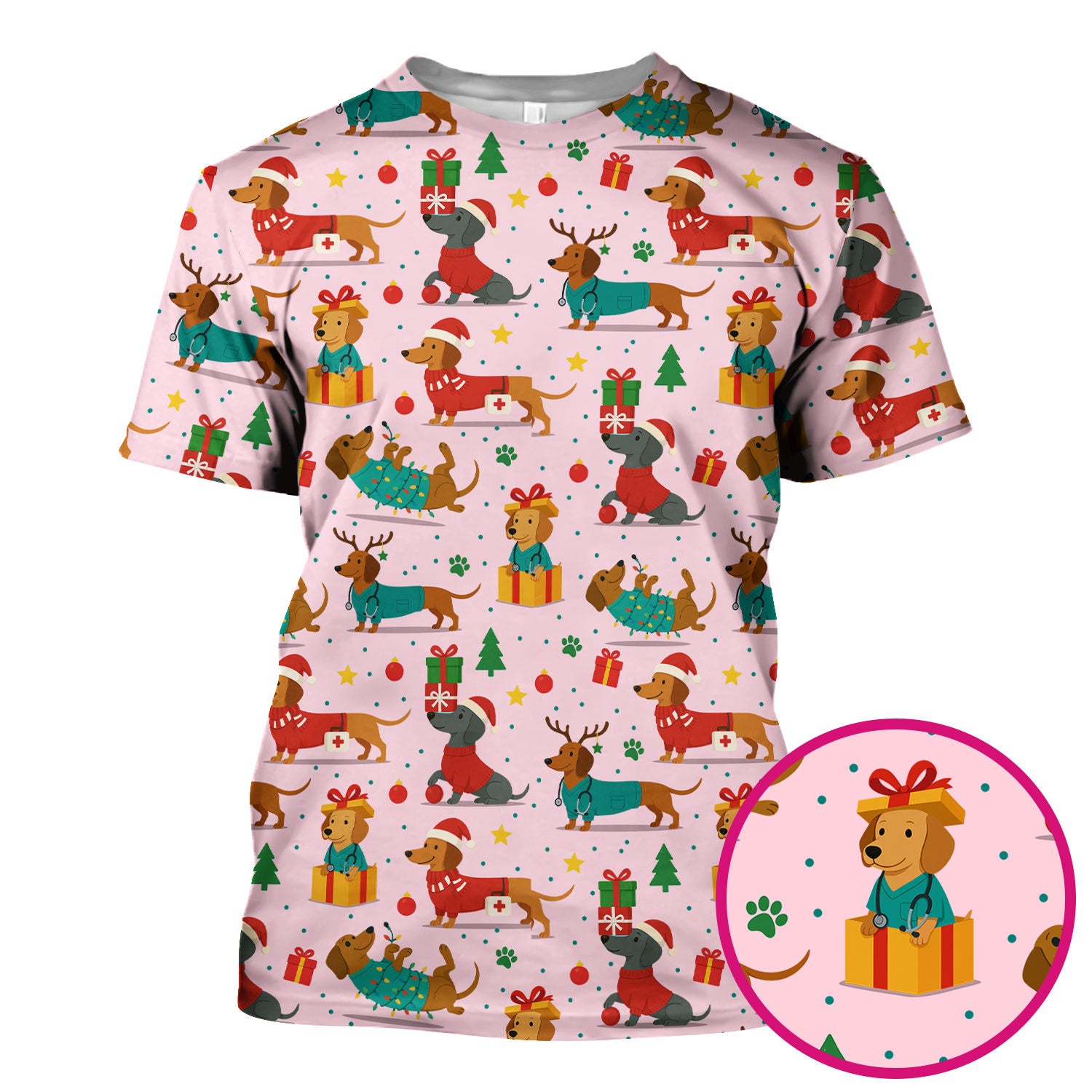 Christmas Dog Scrub Top for Women - Cute Dachshund Nurse Shirt - Holiday Medical Scrubs Gift for CNA RN Doctor
