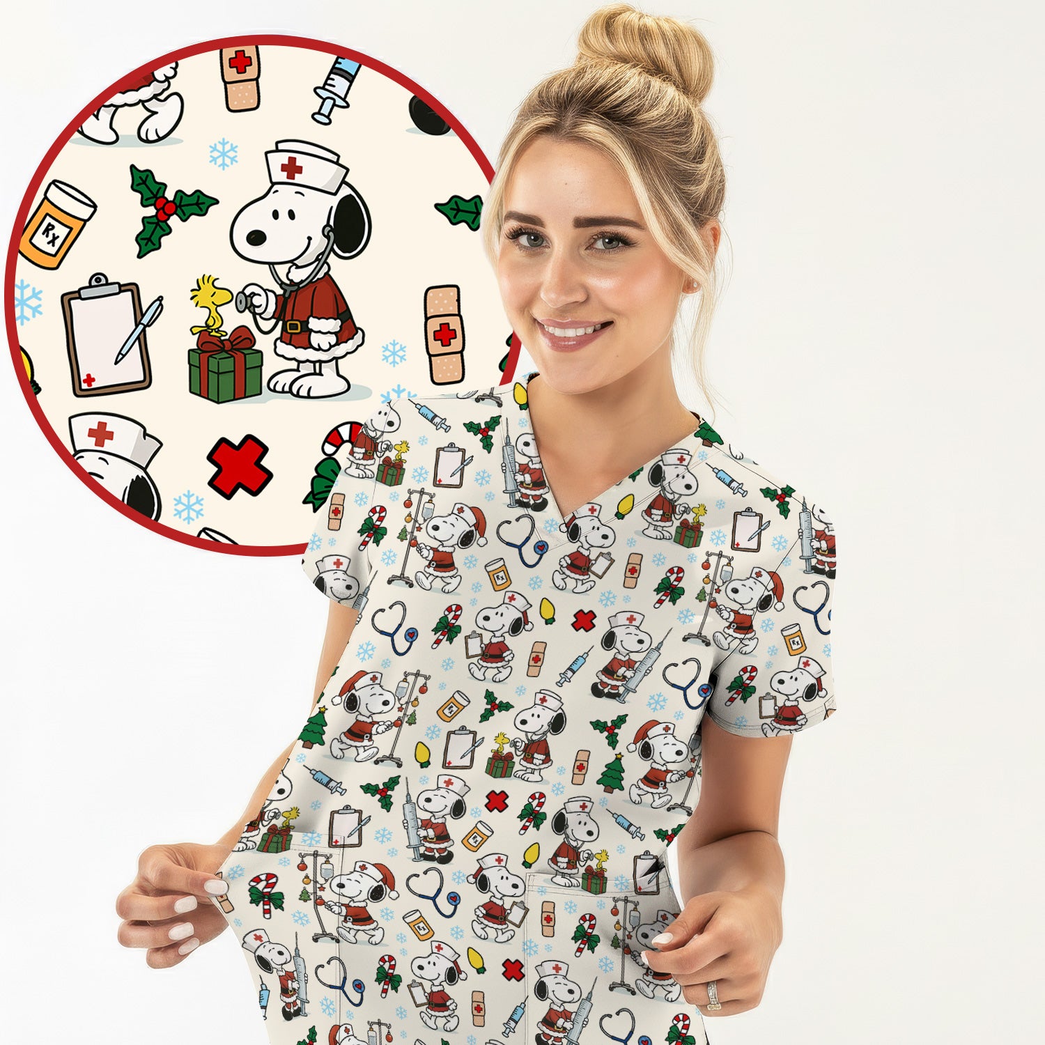 Snoopy Christmas Nurse Scrub Shirt - Cute Holiday Scrub Top Multi Colors - Funny Nursing Work Shirt with Pockets