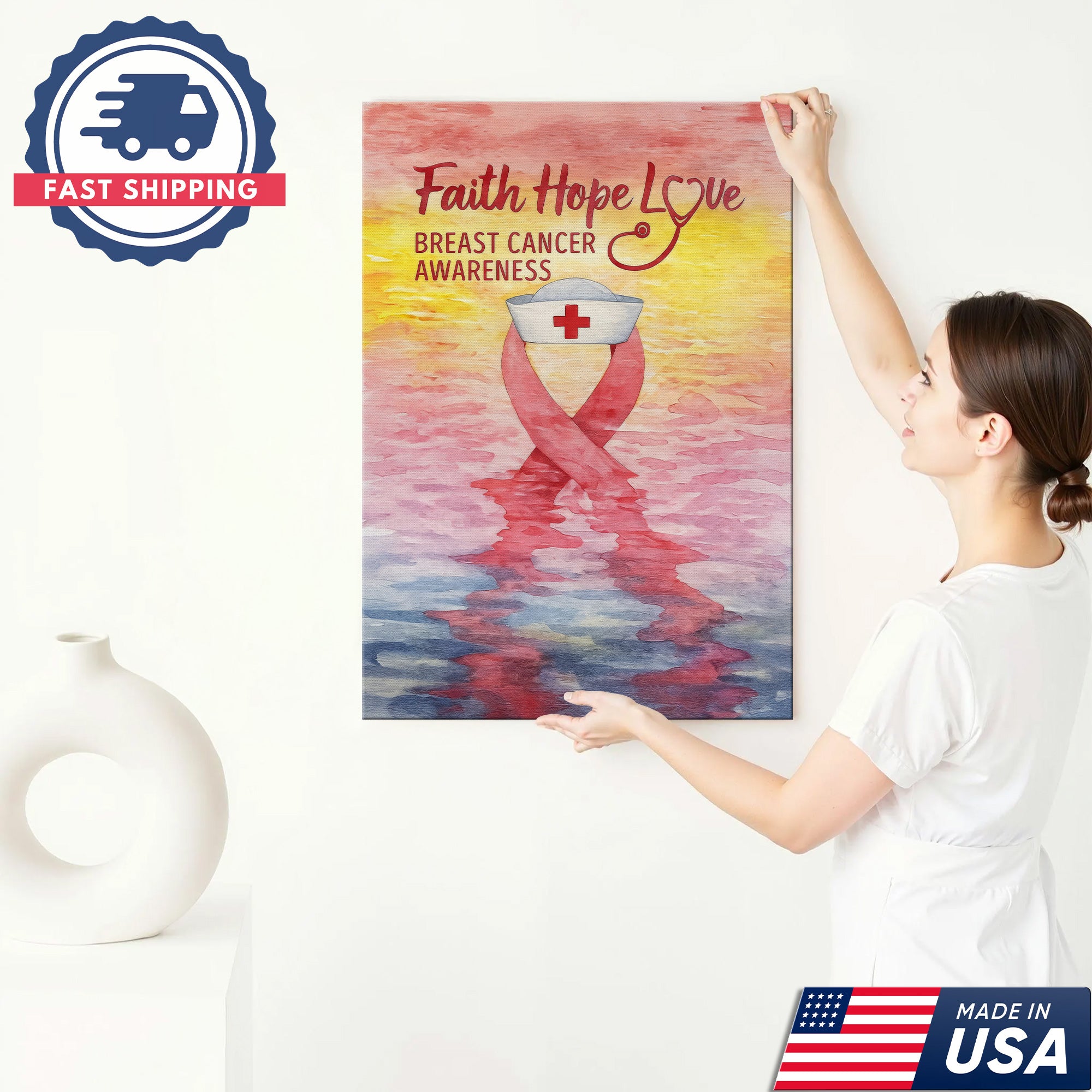 Faith Hope Love Breast Cancer Awareness Canvas, Inspirational Nurse Gift Home Decor, RN LPN CNA Gift