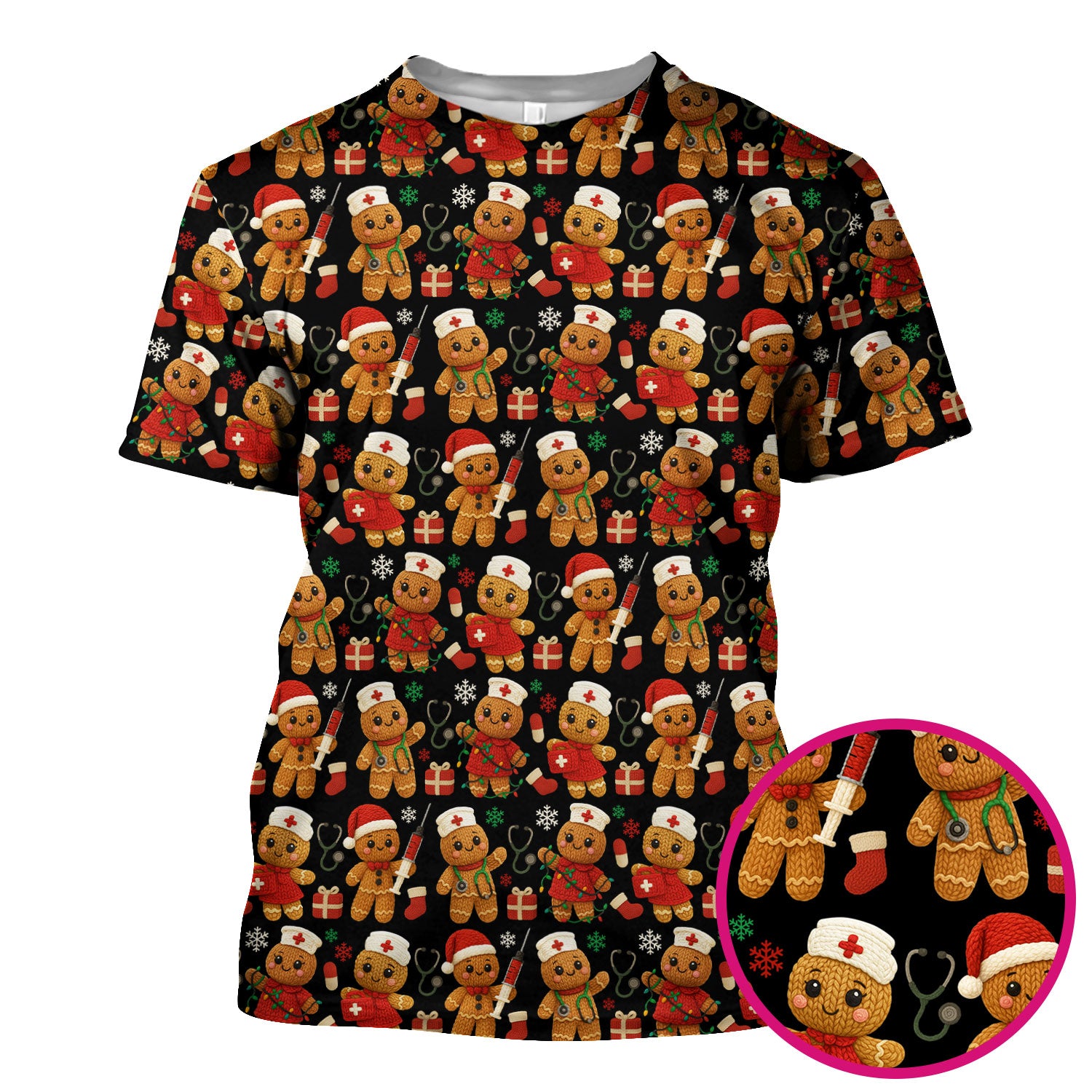 Gingerbread Nurse Christmas Scrub Top - Cute Holiday Pattern Medical Scrub Shirt for Women - Festive Christmas Scrubs with Fun Design