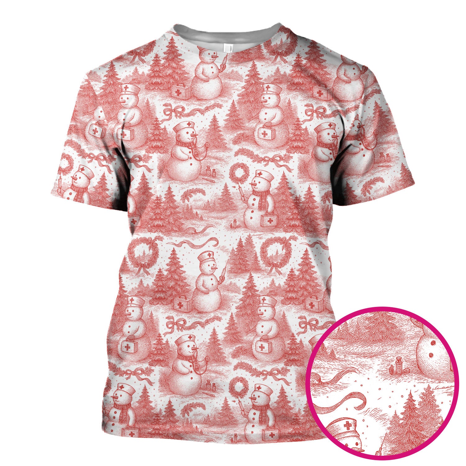 Christmas Scrub Top for Women – Toile de Jouy Snowman and Medical Pattern – Vintage Holiday Nurse Scrubs for Festive Season