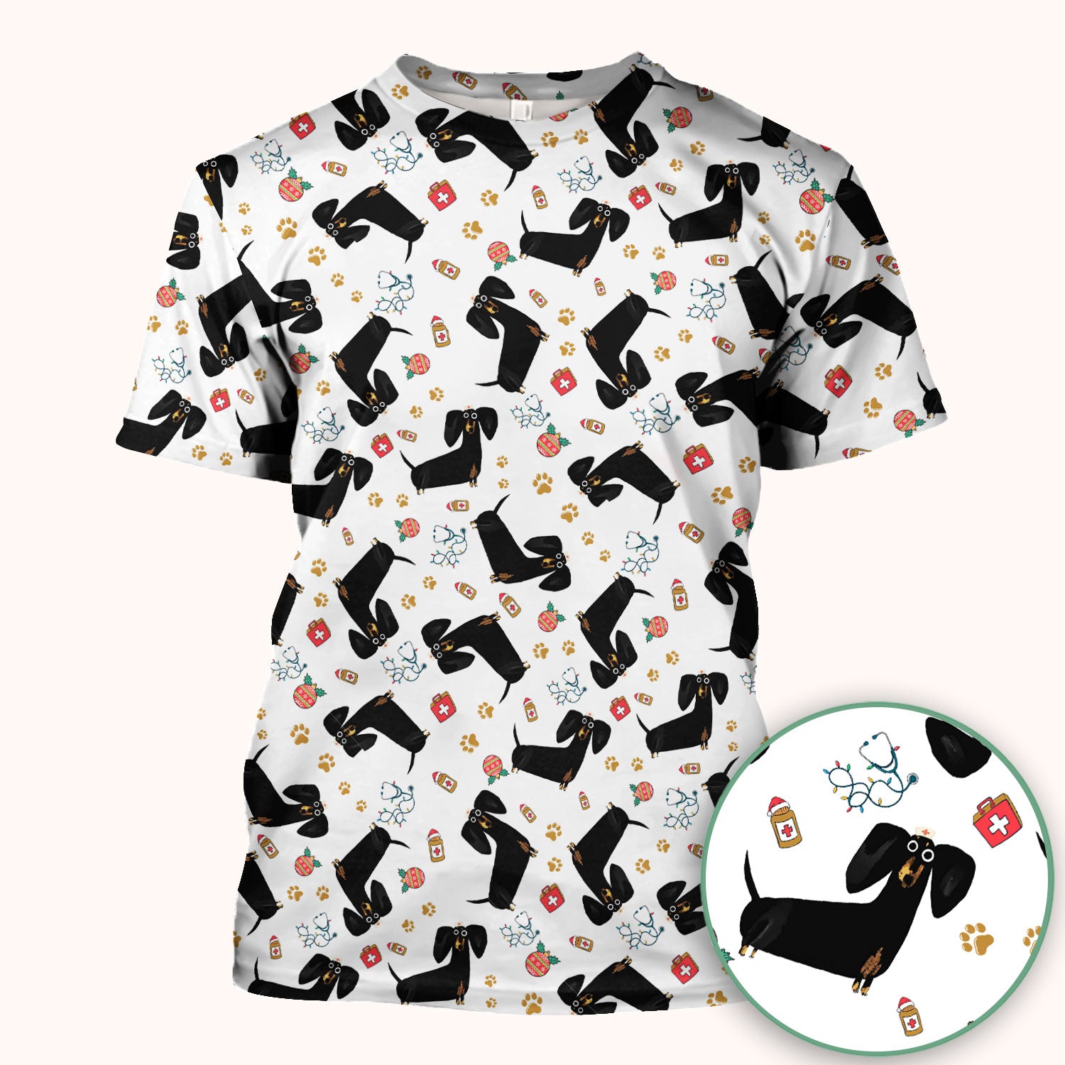 Funny Wiener Dog Scrub Top for Nurses - Cute Black Dachshund Medical Shirt - Dog Lover Nursing Uniform Gift for Women