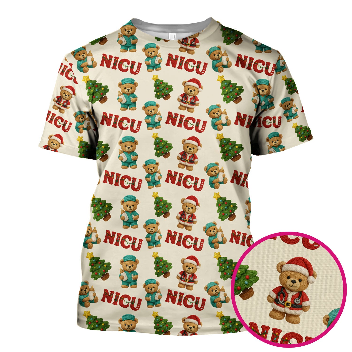 Festive Christmas NICU Nurse Teddy Bear Pattern, Breathable Fabrics Nursing Uniform