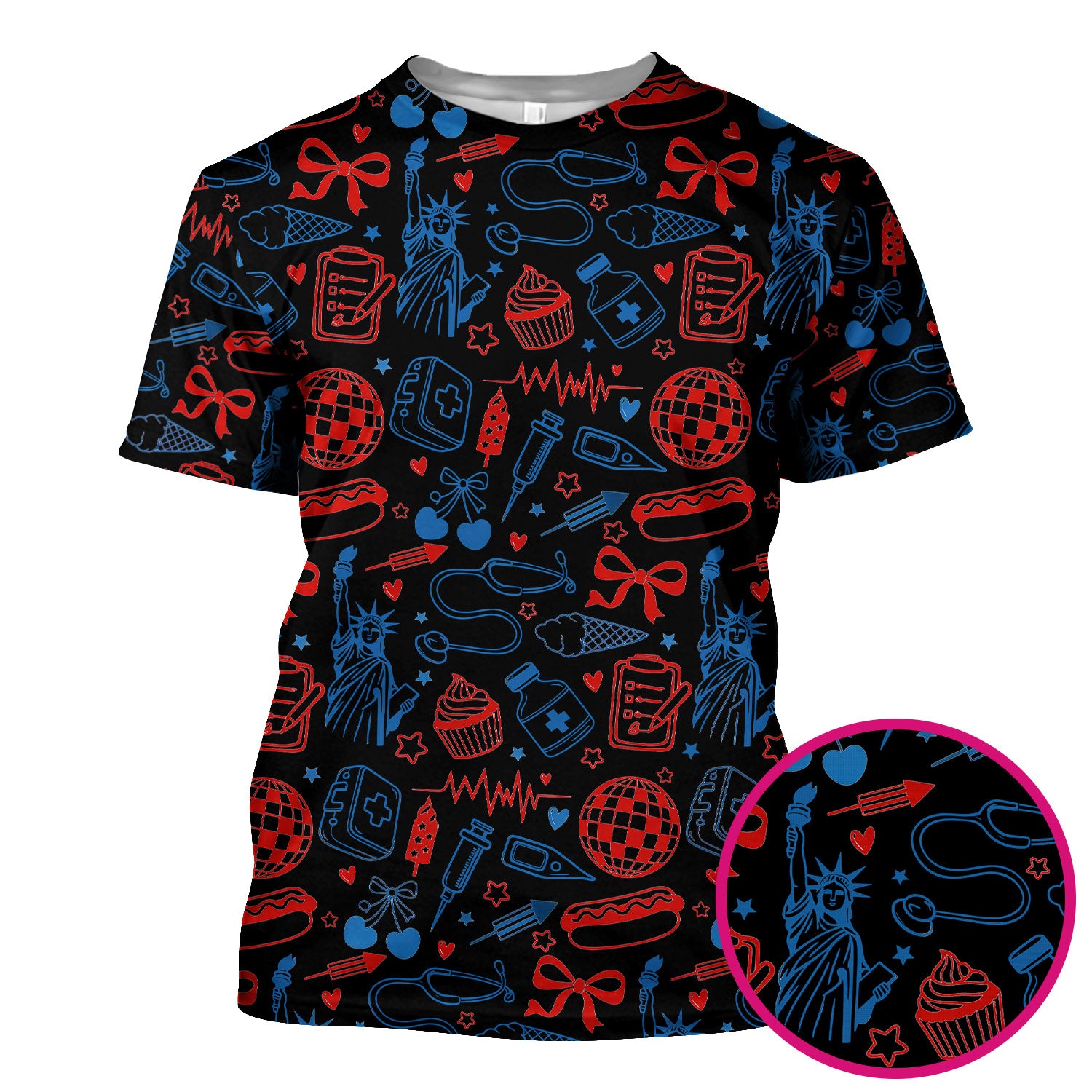 Patriotic Nurse Medical Icons Pattern Scrub Top, Breathable Fabrics Nursing Uniform