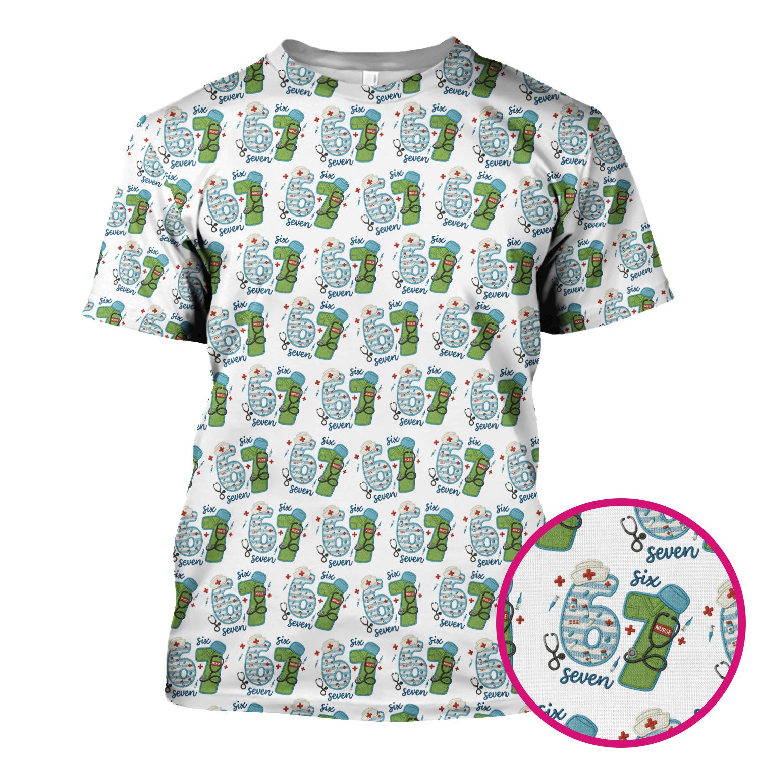 Nurse Six Seven Pattern Scrub Top, Cute Medical Number Print Shirt for Nursing Professionals
