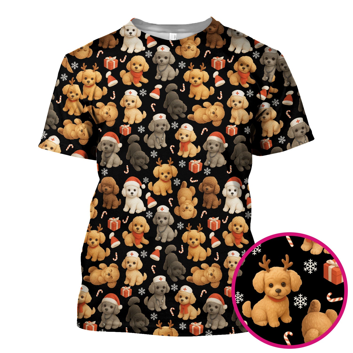 Christmas Poodle Scrubs for Women - Cute Dog Pattern Medical Scrub Top - Festive Holiday Christmas Scrubs with Adorable Poodle Design