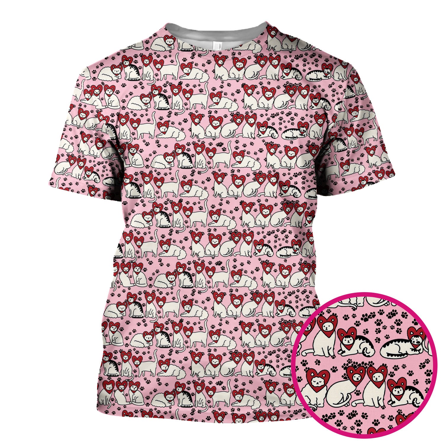 Cute Cat Heart Pattern Scrub Top, Funny Cat Scrub Shirt For Nurses, Breathable Fabrics Nursing Uniform