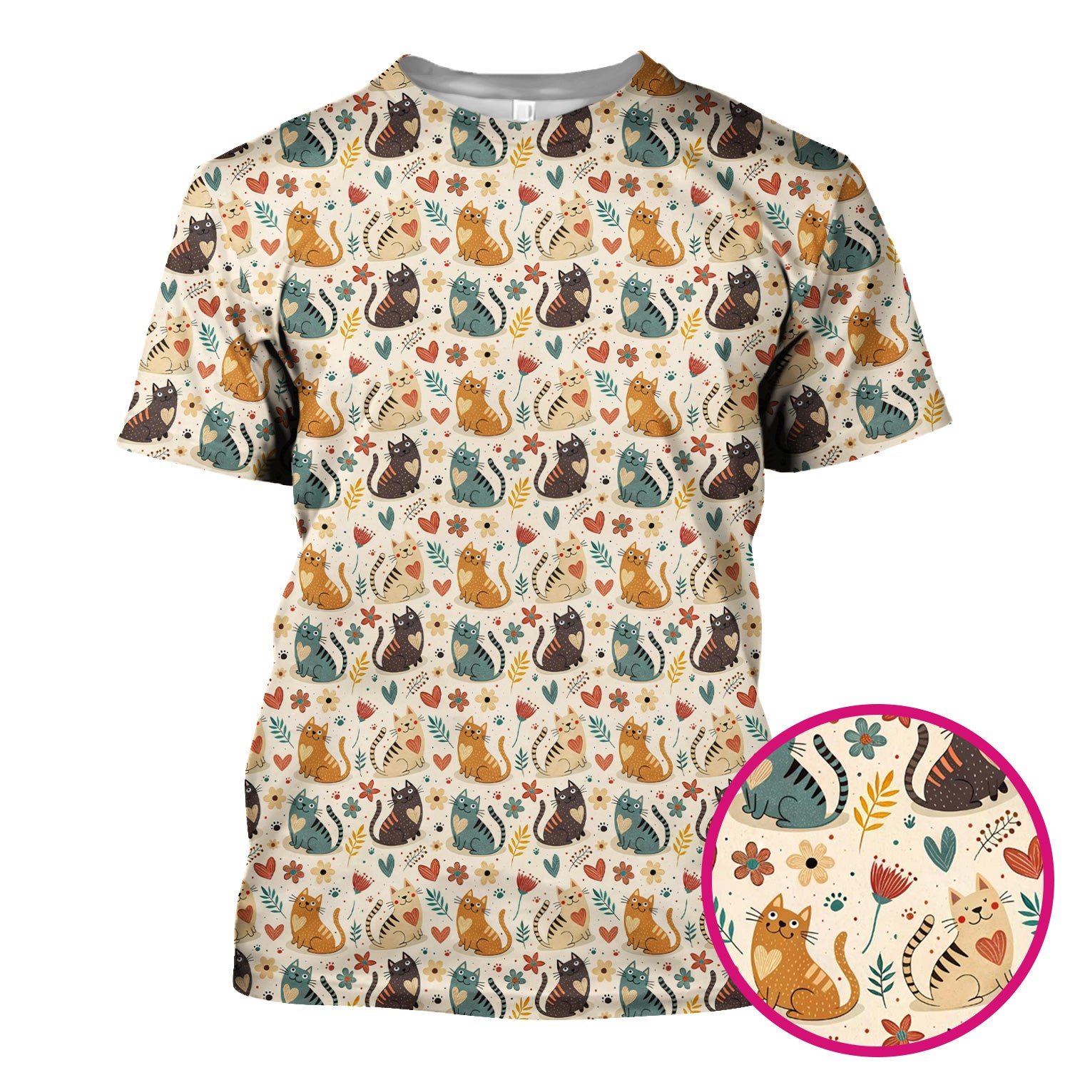 Cute Cat Print V Neck Scrub Top for Nurses, Floral Medical Uniform