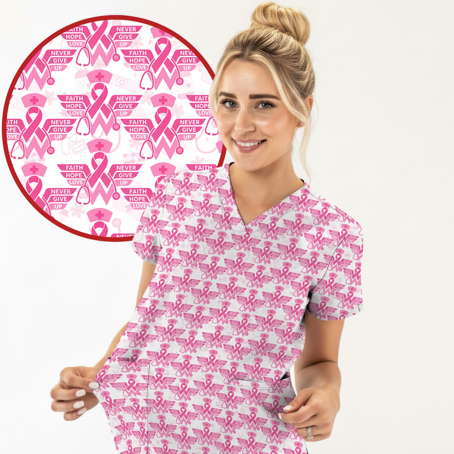Breast Cancer Awareness Scrub Top - Pink Ribbon Nurse Shirt Multi Color - Faith Hope Love Nursing Workwear with Pockets
