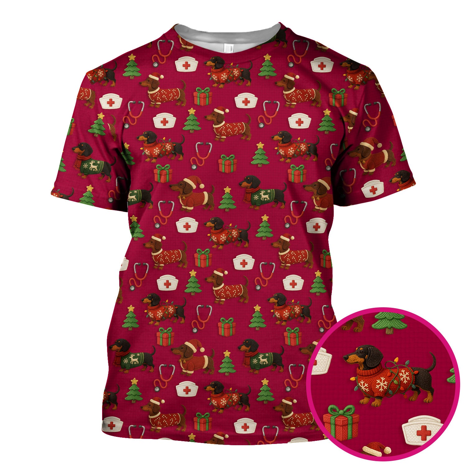 Custom Nurse Scrubs for Women - Dachshund Dog Christmas Print with Gifts & Holiday Tree - Multi Color Nursing Shirt Gift Idea