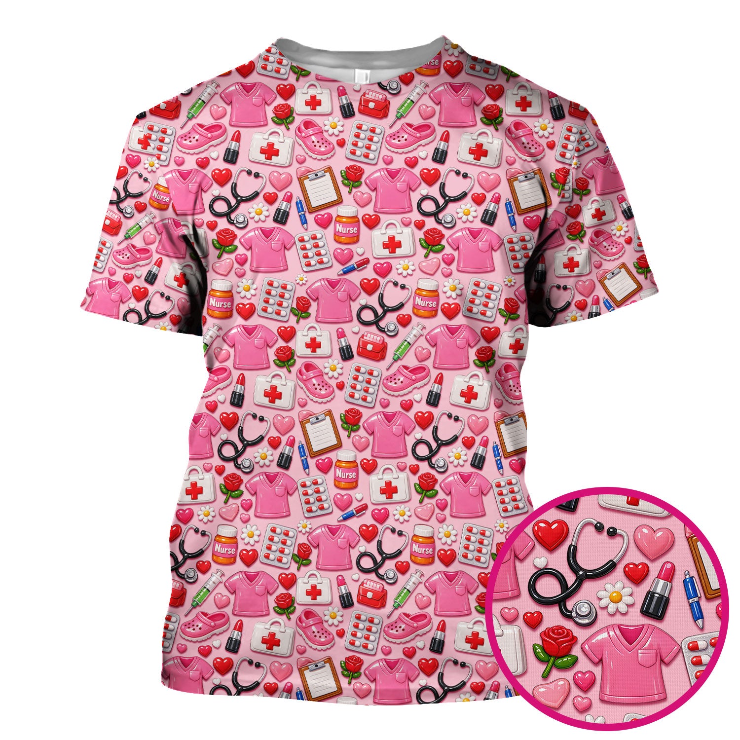 Medical Icons Scrub Top, Cute Pattern Nurse Shirt, Breathable Fabrics Nursing Uniform