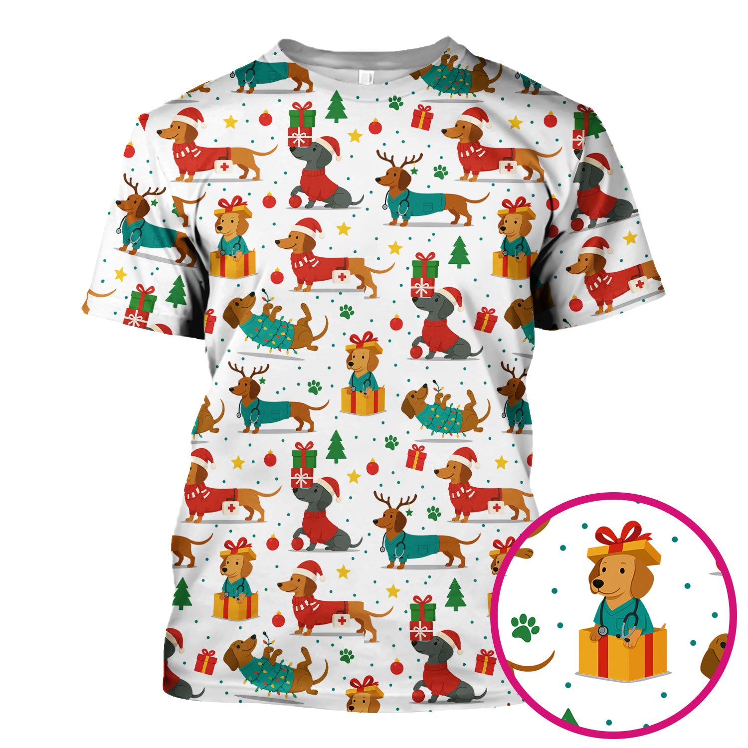 Dachshund Scrub Top Christmas - Cute Dog Nurse Shirt - Holiday Medical Scrubs Gift for Women CNA RN Doctor