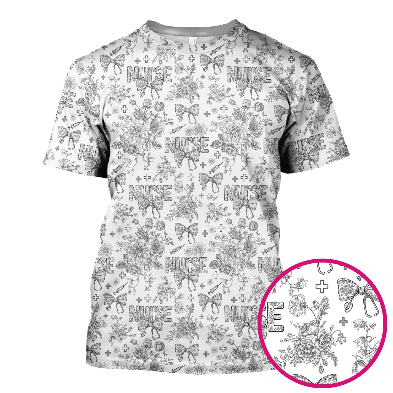 Flower Scrubs for Nurses - Toile de Jouy Style Medical Shirt - Feminine Floral Scrub Top Gift for Women in Healthcare