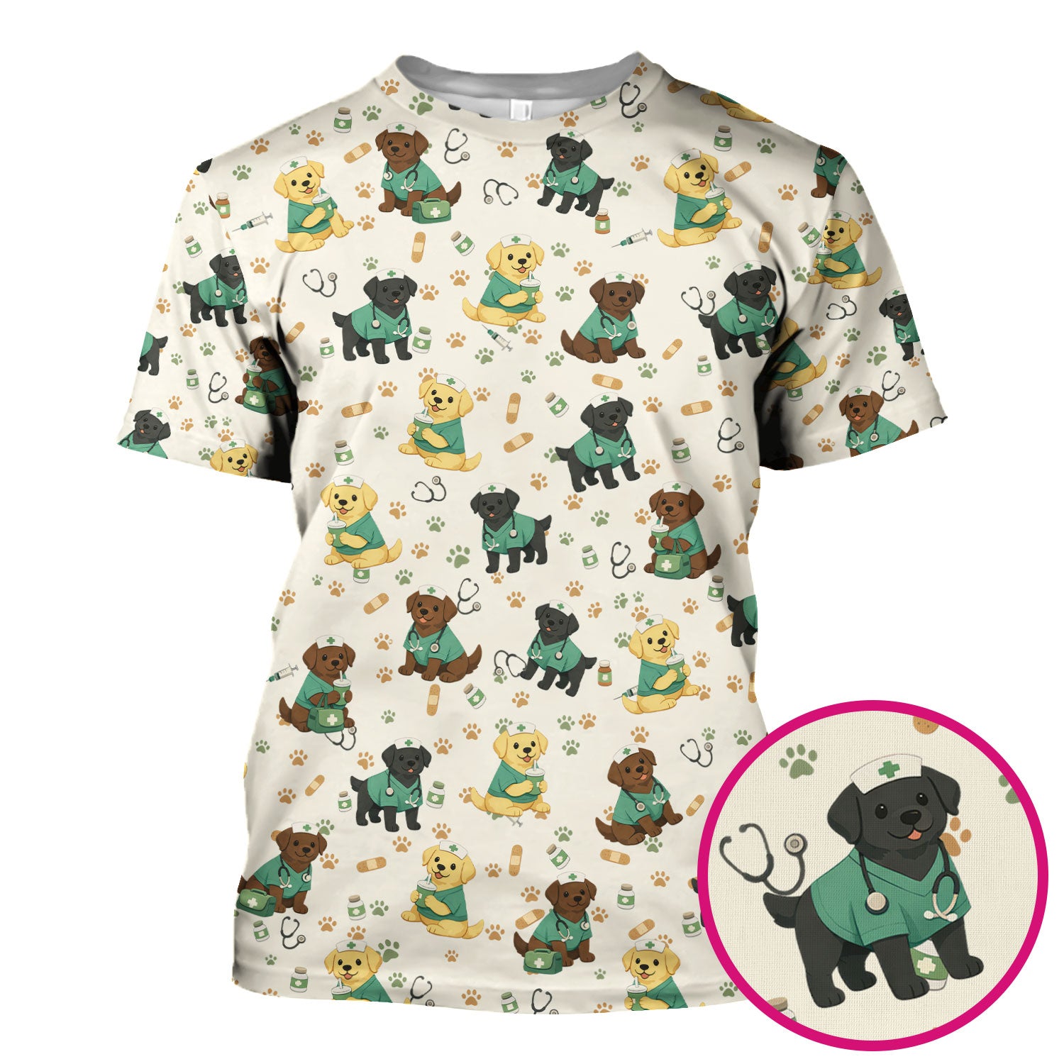 Labrador Retriever Nurse Scrub Top, Cute Medical Dog Pattern Nurses Shirt, Breathable Fabrics Nursing Uniform