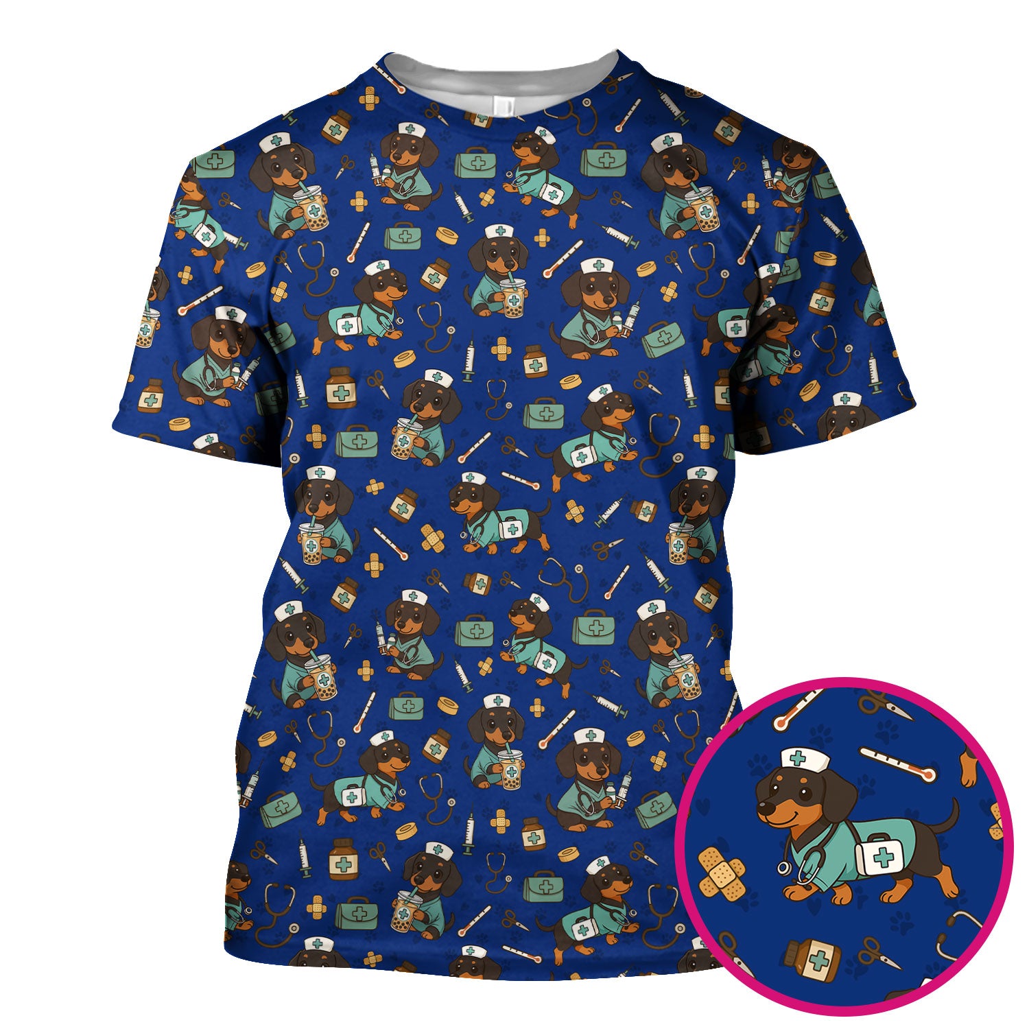 Funny Dachshund Nurse Scrubs - Cute Dog Print Medical Shirt - Holiday Nurse Scrub Top Gift for RN CNA Doctor, Women & Men