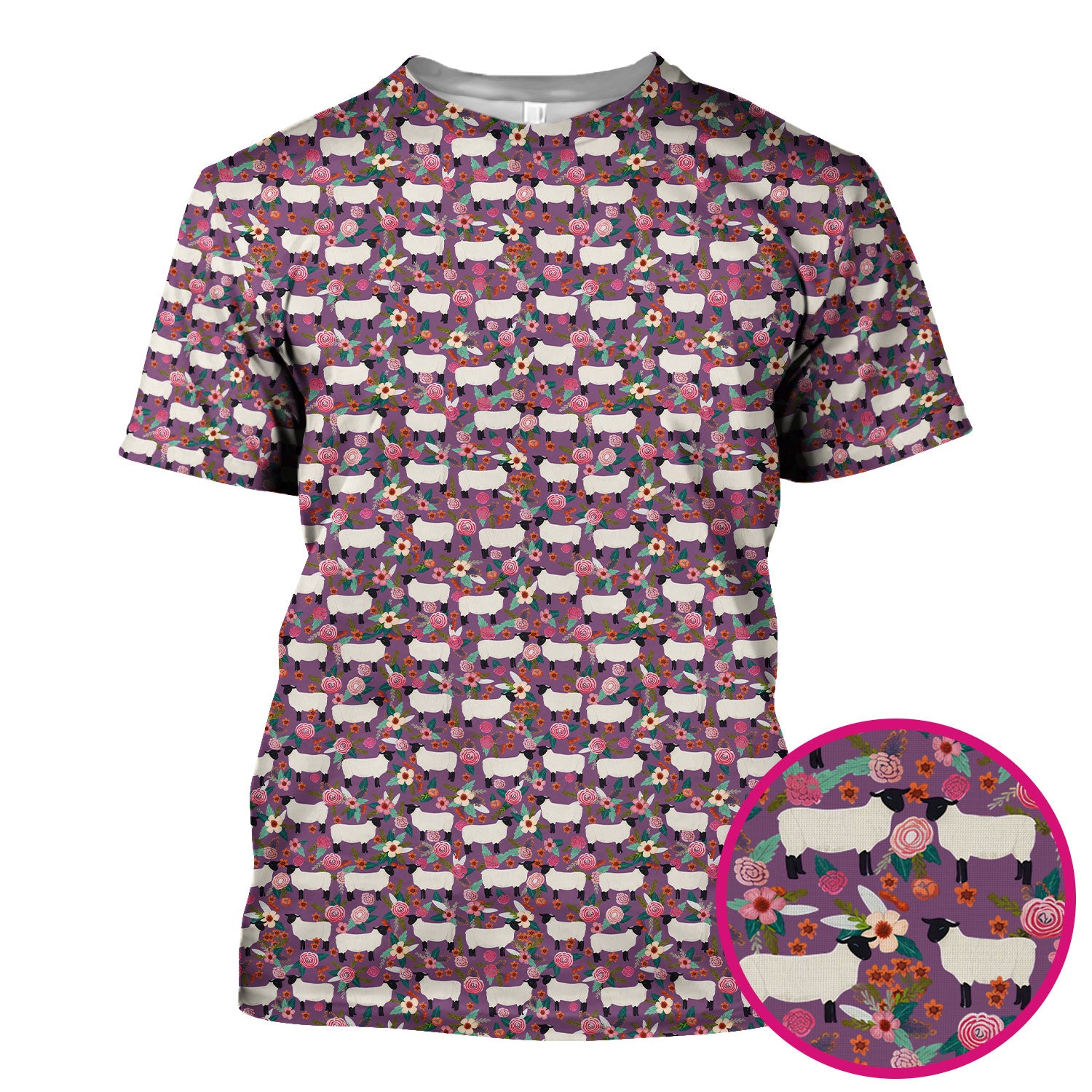 Cute Sheep Floral Meadow Pattern Scrub Top, Comfortable Scrubs For Nurses