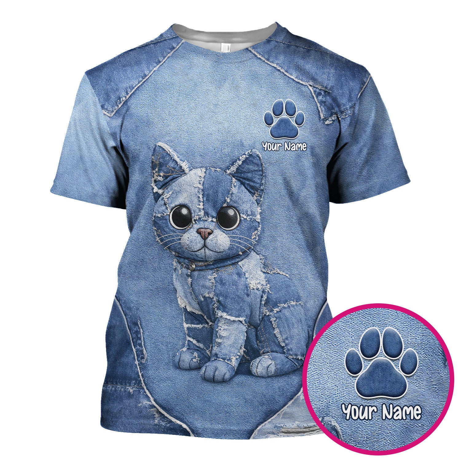 Personalized Patchwork Denim Cat Nurse Pattern Scrub Top, Breathable Fabrics Nursing Uniform