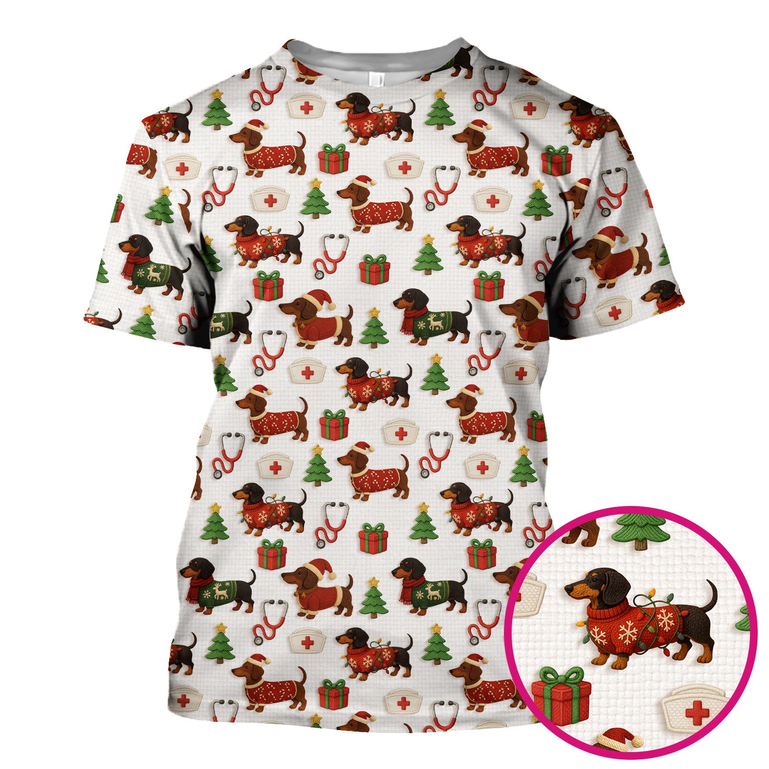 Custom Nurse Scrubs for Women - Dachshund Dog Christmas Print with Gifts & Holiday Tree - Multi Color Nursing Shirt Gift Idea