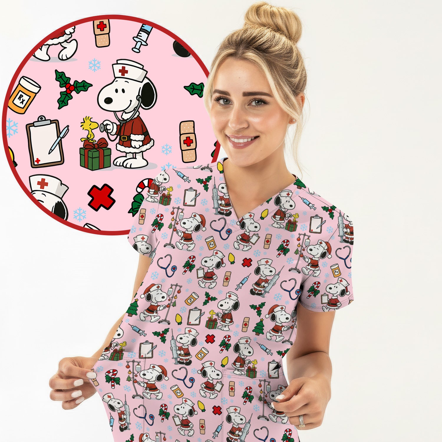 Custom Christmas Scrub Top for Nurses - Snoopy Holiday Scrub Shirt Multi Color - Cute Funny Nursing Workwear with Pockets