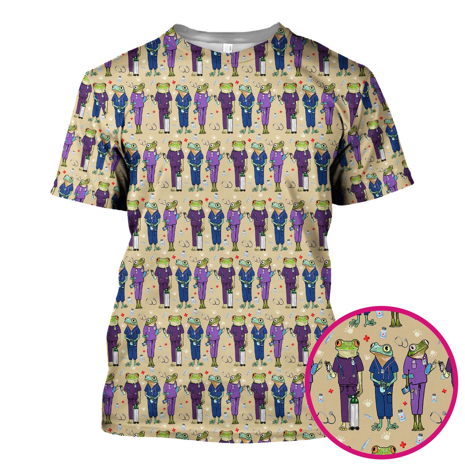 Funny Frog Nurse Pattern Scrub Top, Breathable Healthcare Uniform Top