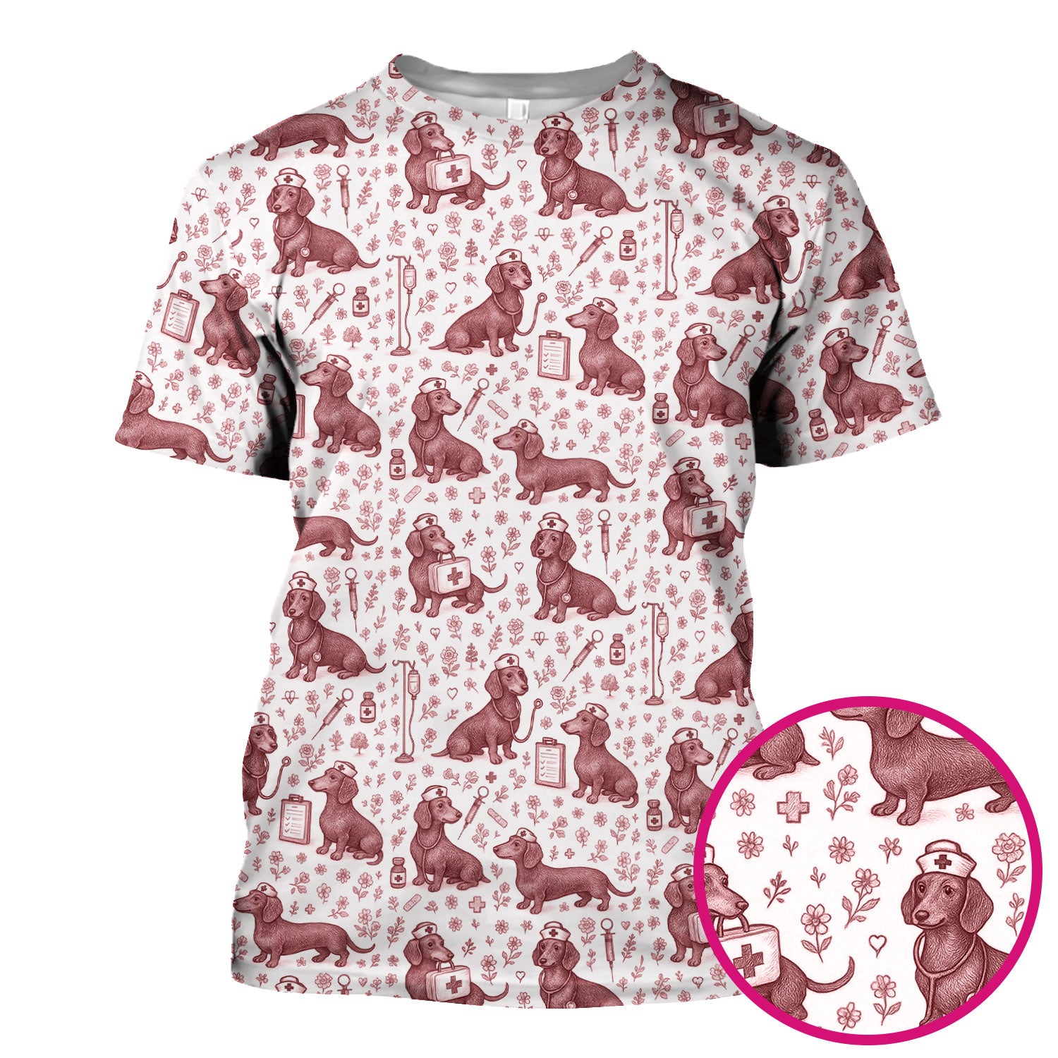 Dachshund Nurse Scrub Top - Cute Dog Pattern Scrubs for Women - Funny Medical Shirt with Vintage Line Art Design
