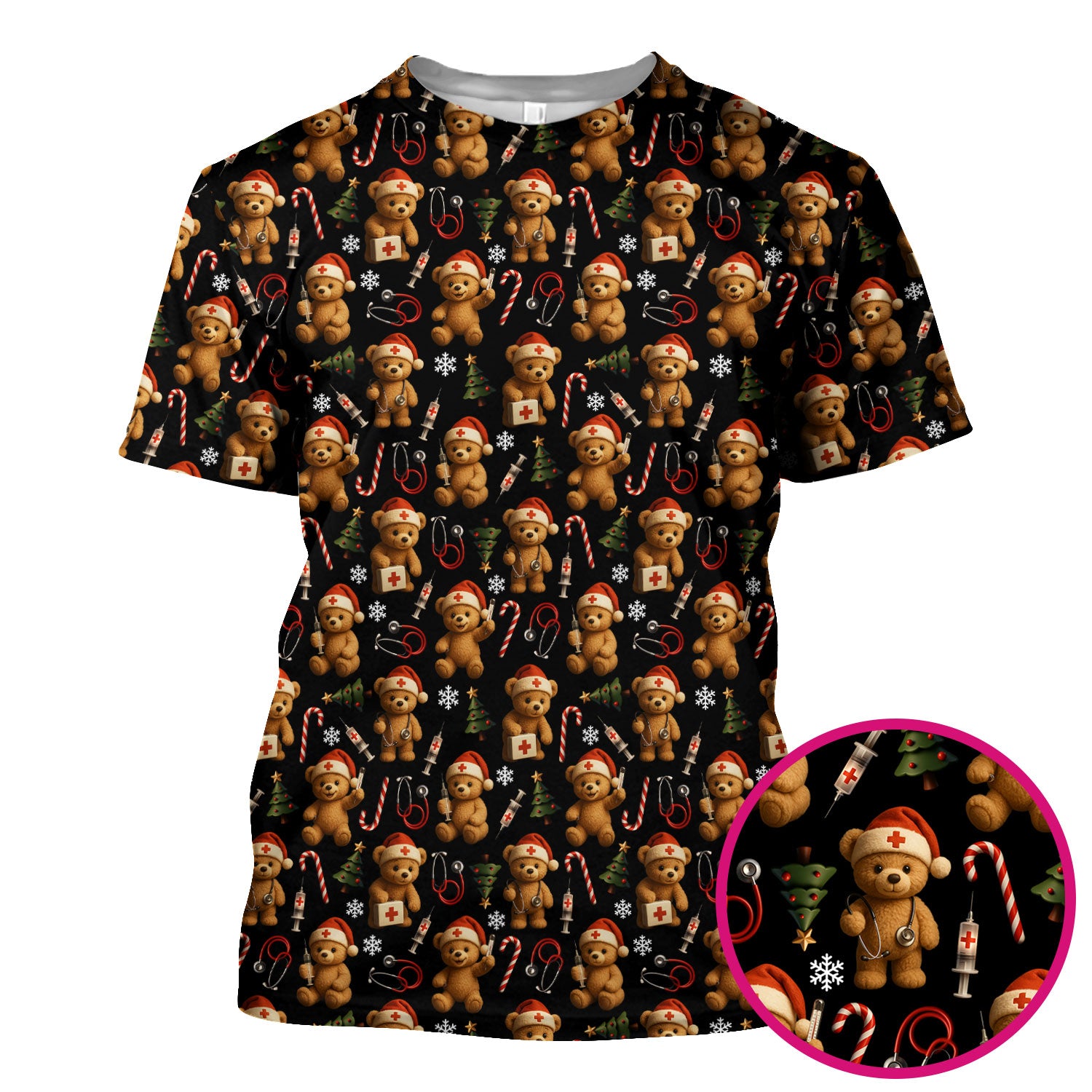 Christmas Bear Scrub Top for Nurses - Cute Teddy Bear Pattern with Candy Cane and Tree - Funny Holiday Nurse Scrubs Gift for Women RN CNA LPN