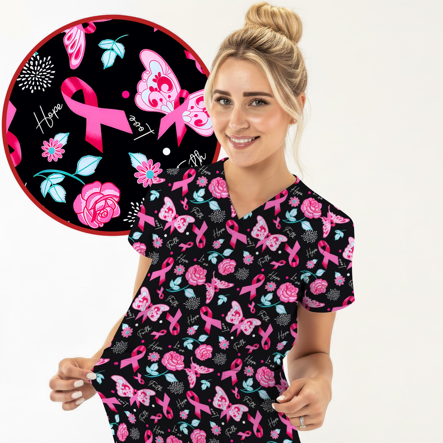 Breast Cancer Awareness Scrub Top - Pink Ribbon Nurse Shirt with Flowers - Gift for Women RN CNA LPN